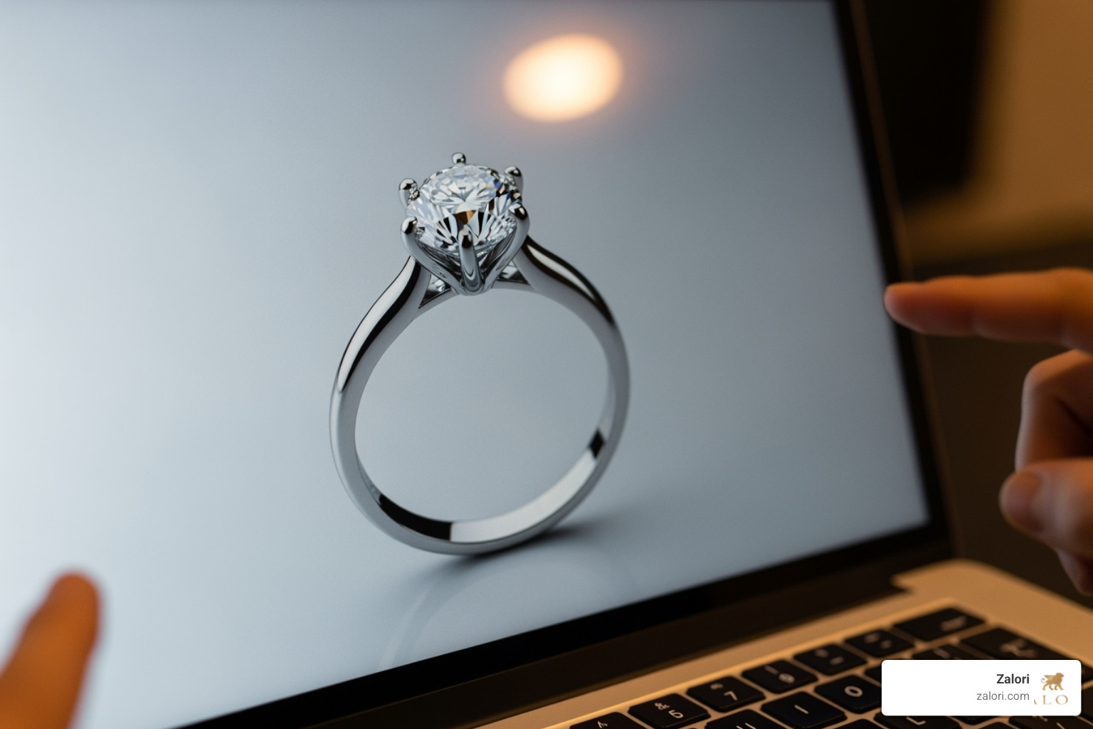 high-definition, close-up view of a diamond ring being shown on a laptop screen - virtual jewelry appointment high-definition, close-up view of a diamond ring being shown on a laptop screen - virtual jewelry appointment
