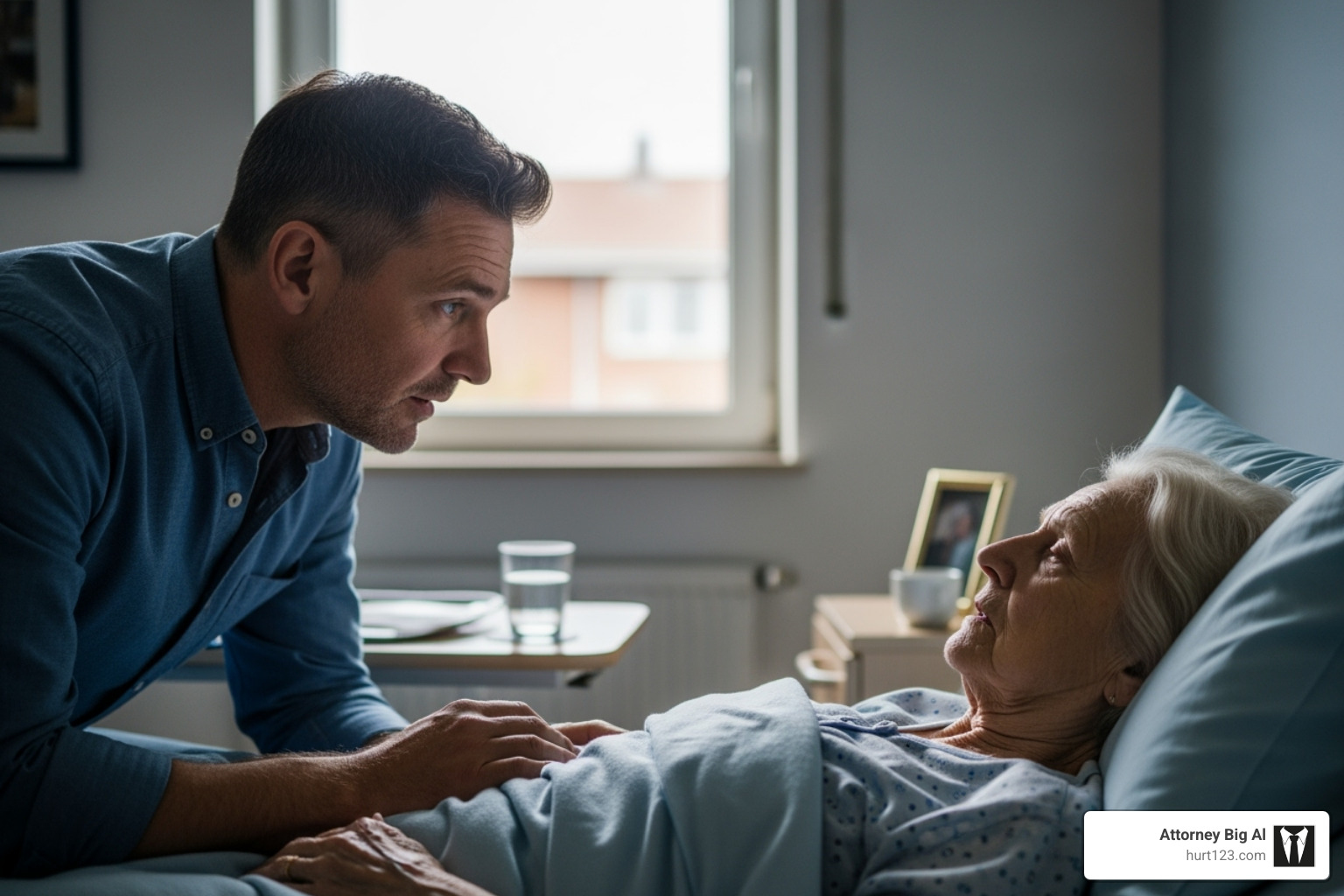 Family member visiting a loved one in a nursing home, looking concerned - nursing home lawyers near me Family member visiting a loved one in a nursing home, looking concerned - nursing home lawyers near me