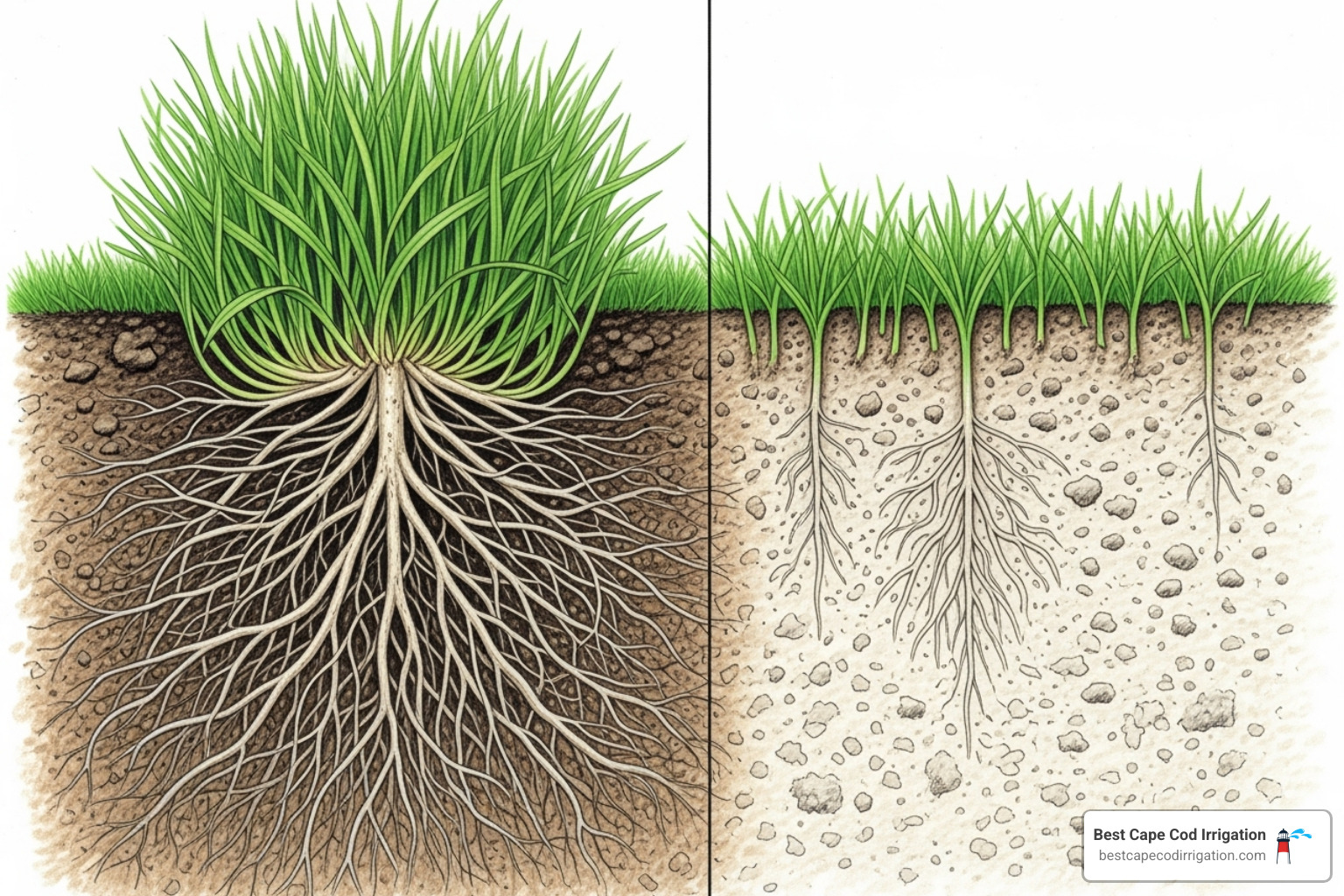 image showing a diagram of deep grass roots versus shallow roots - fall lawn watering image showing a diagram of deep grass roots versus shallow roots - fall lawn watering
