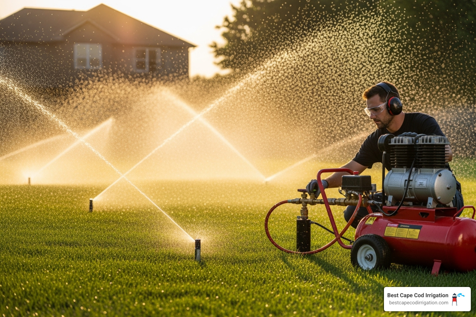 image of a professional using an air compressor for a sprinkler blowout - fall lawn watering image of a professional using an air compressor for a sprinkler blowout - fall lawn watering