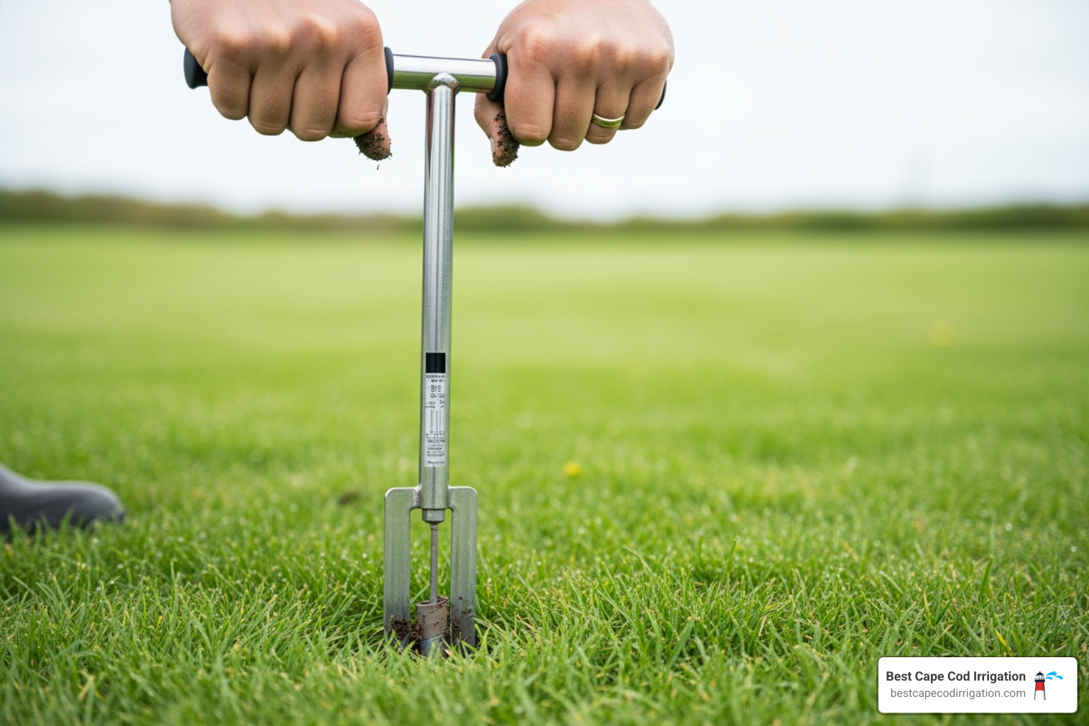 image of a person performing the screwdriver test on a lawn - fall lawn watering image of a person performing the screwdriver test on a lawn - fall lawn watering