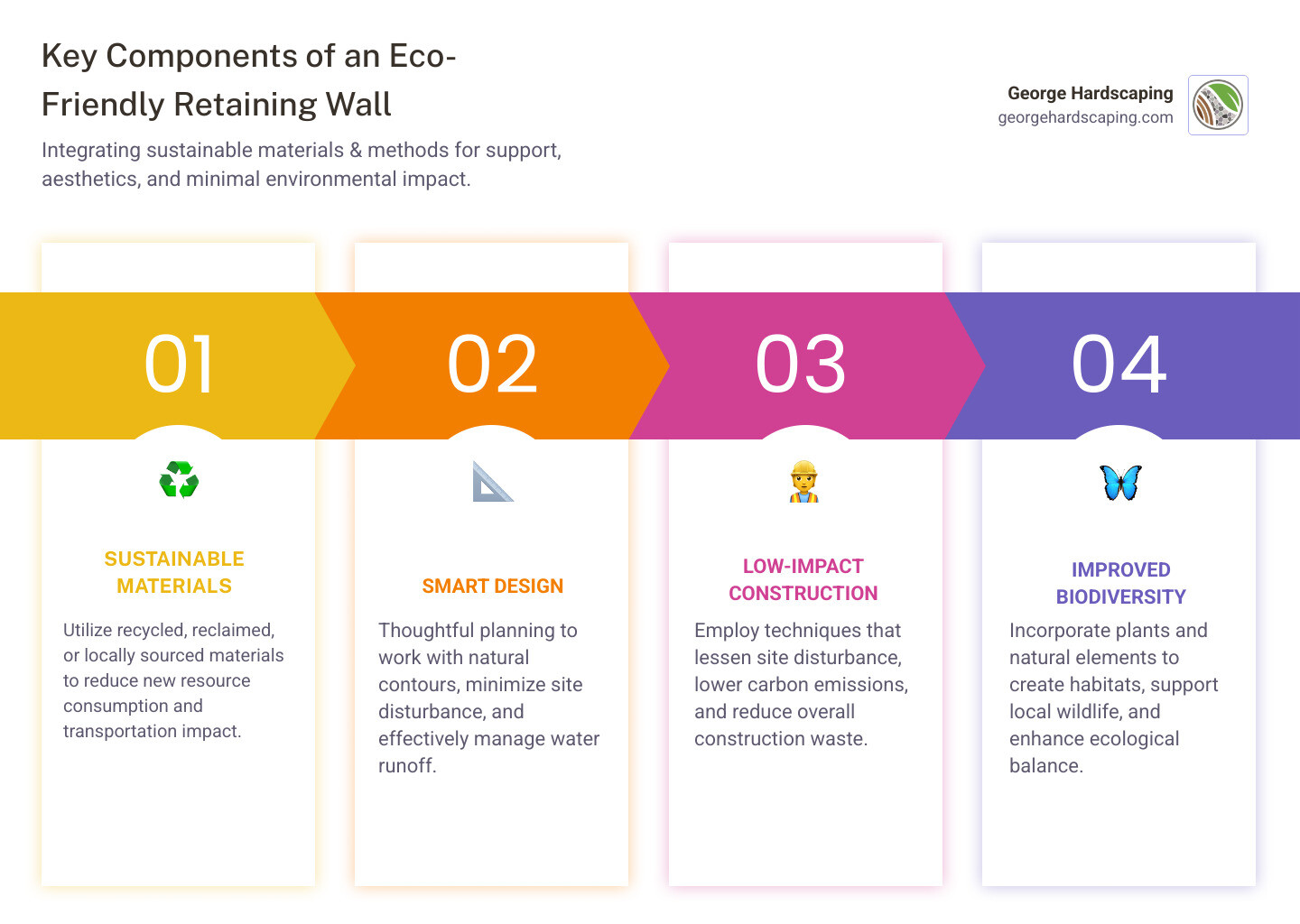 Infographic detailing the four key components of an eco-friendly retaining wall: Sustainable Materials, Smart Design, Low-Impact Construction, and Improved Biodiversity. Infographic detailing the four key components of an eco-friendly retaining wall: Sustainable Materials, Smart Design, Low-Impact Construction, and Improved Biodiversity.