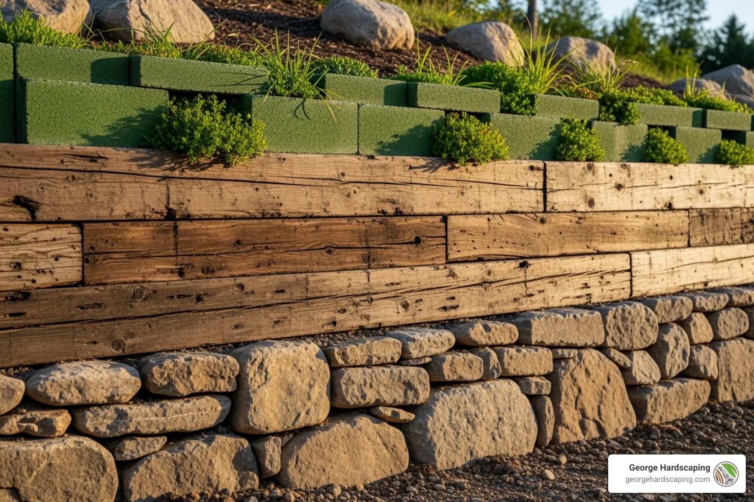 A visual representation showcasing various sustainable retaining wall materials, including natural fieldstone, reclaimed wood, and plantable blocks with greenery. A visual representation showcasing various sustainable retaining wall materials, including natural fieldstone, reclaimed wood, and plantable blocks with greenery.