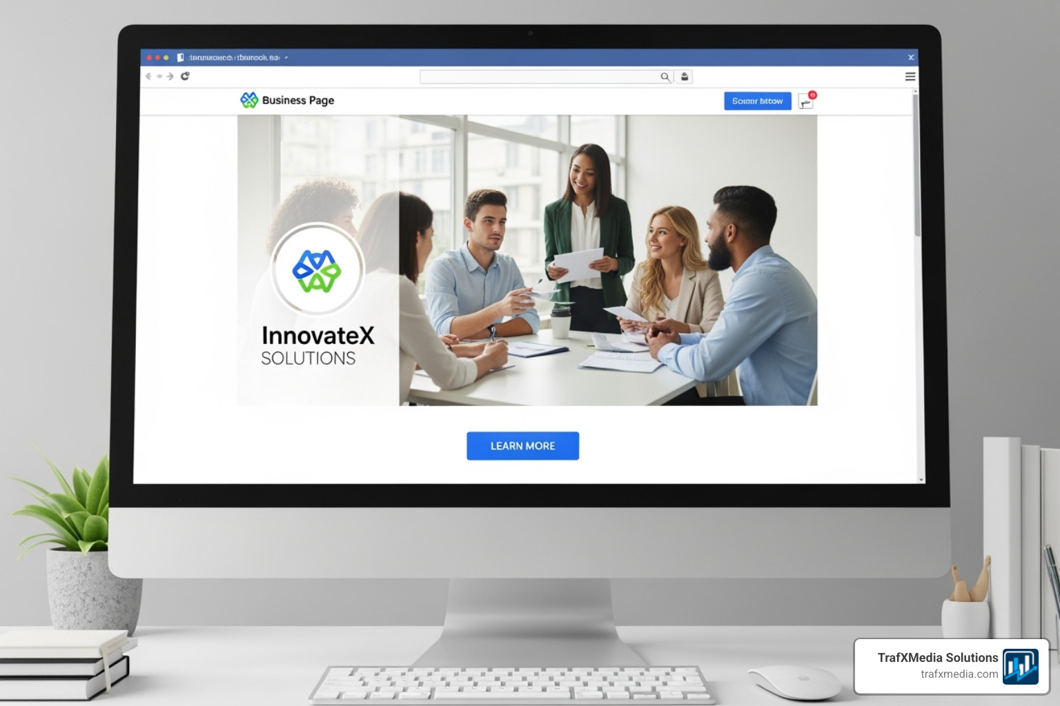 professionally designed Facebook Business Page for a fictional startup, highlighting the profile picture, cover photo, and call-to-action button. - Facebook marketing for startups
