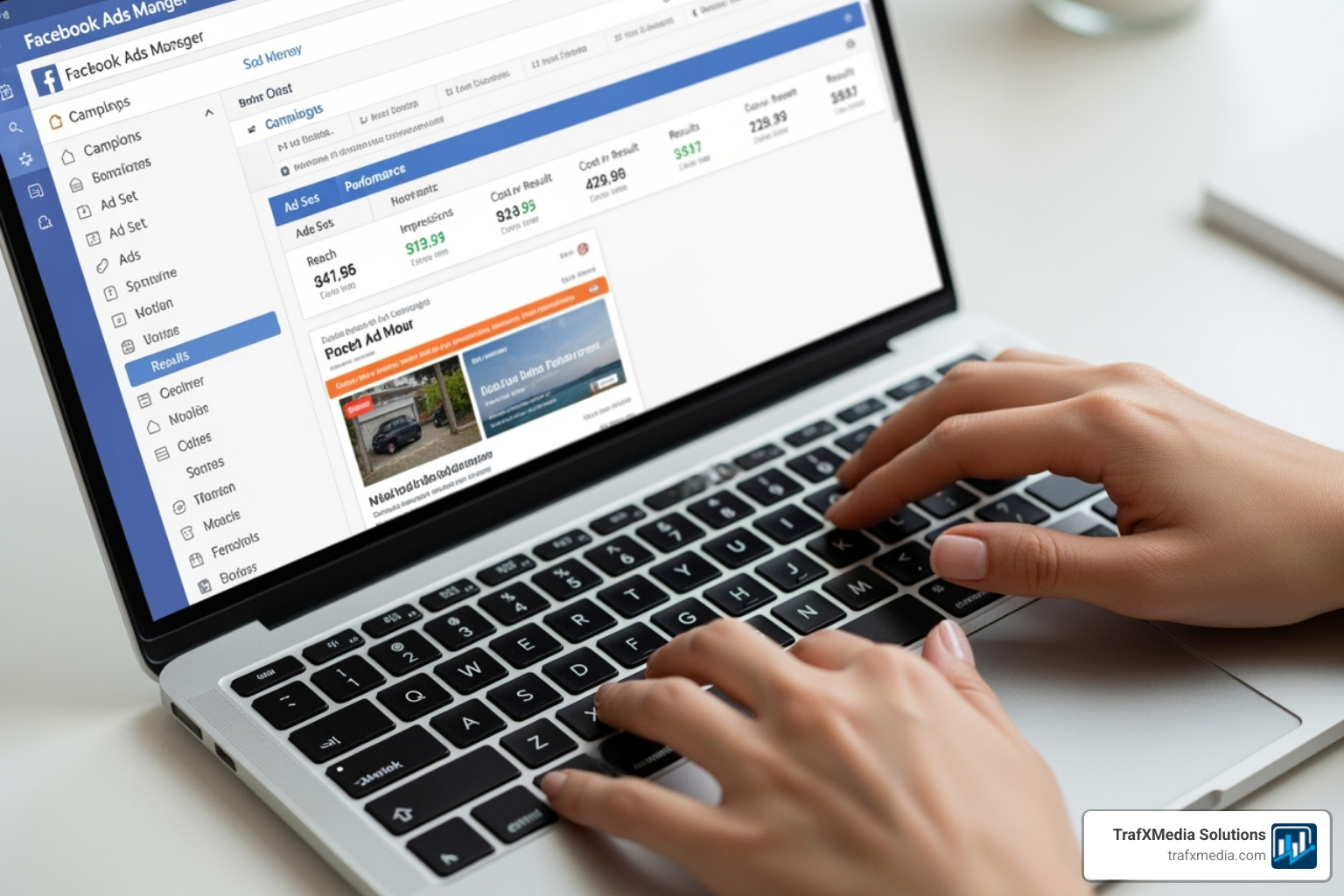 person typing on laptop with Facebook Ads Manager - Facebook marketing for startups