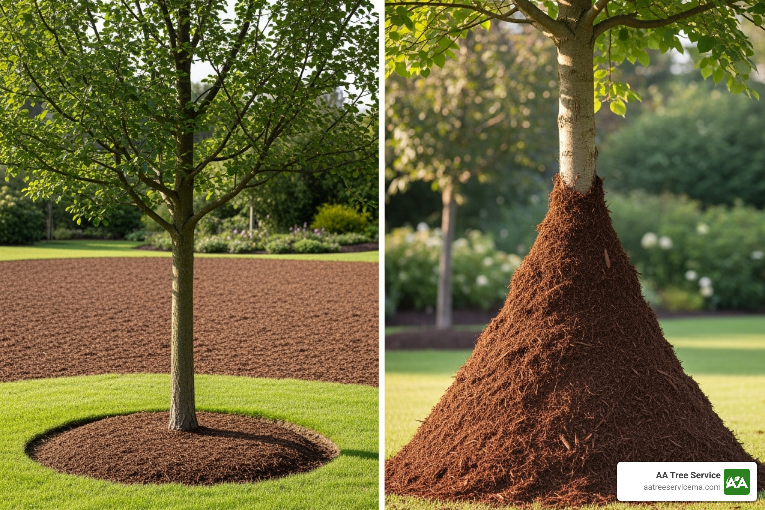 A comparison of a properly mulched tree to a volcano mulched tree - Routine tree maintenance