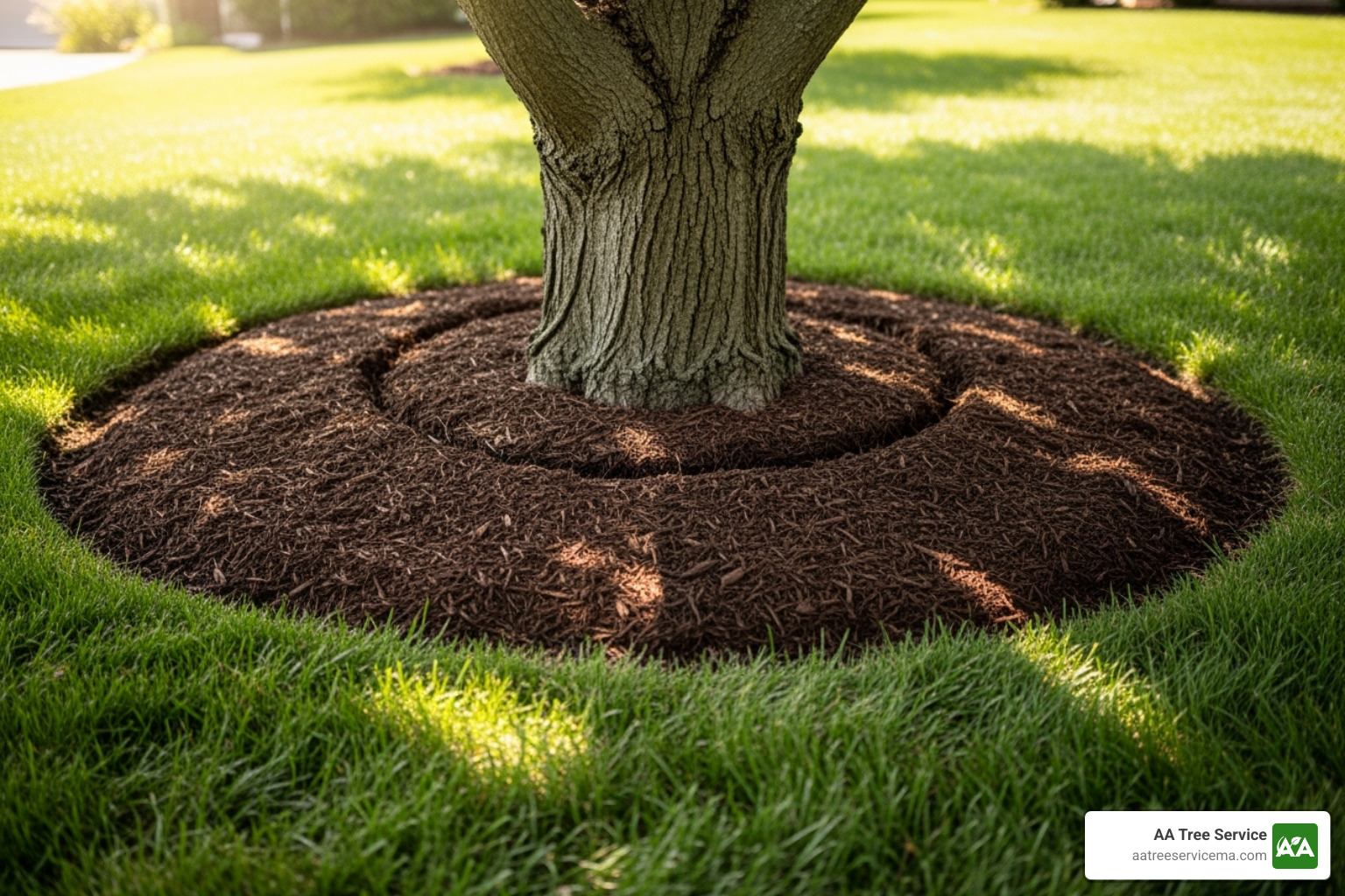 A person correctly mulching around the base of a tree, avoiding the trunk - Routine tree maintenance