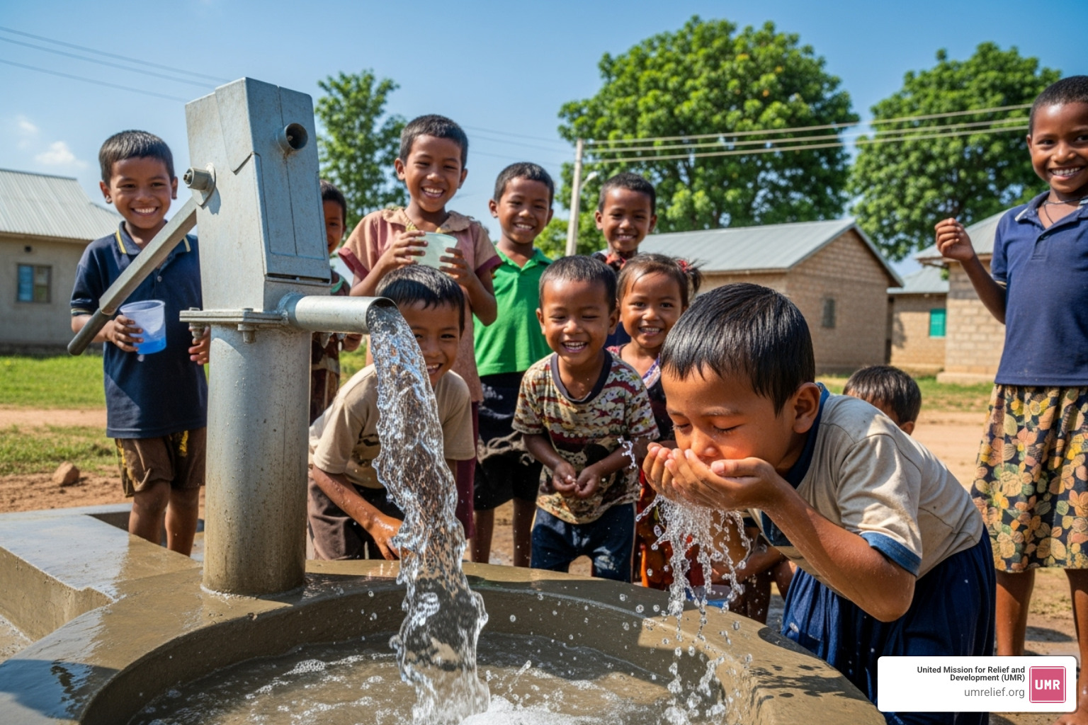 A newly built water well with children drinking from it - virtues of sadaqah