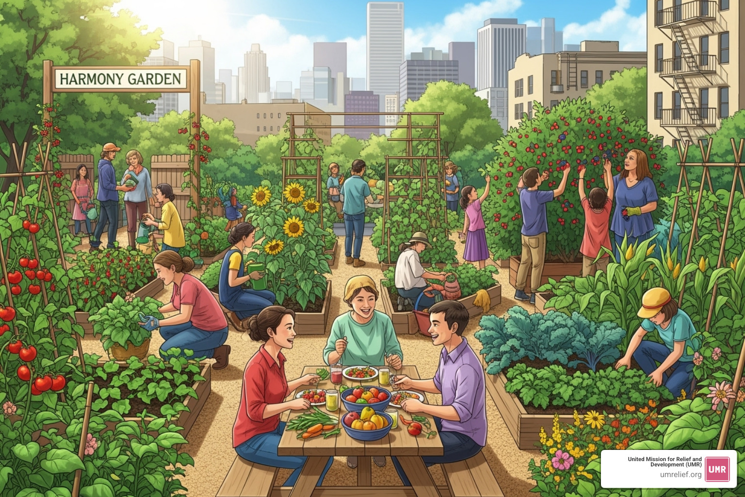 A thriving community garden representing prosperity - virtues of sadaqah