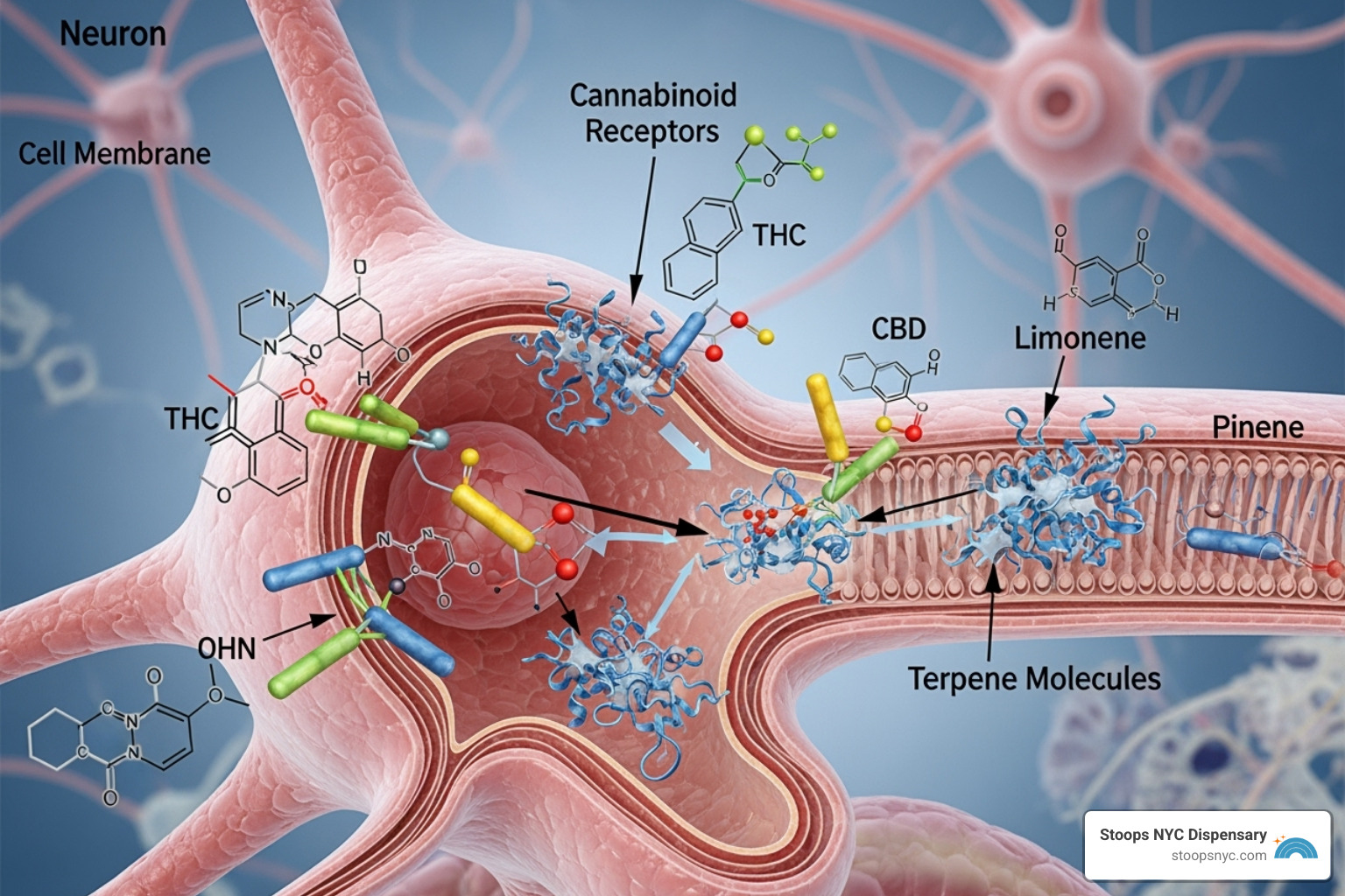 image of cannabinoid and terpene molecules interacting with brain receptors - How to choose the right cannabis strain