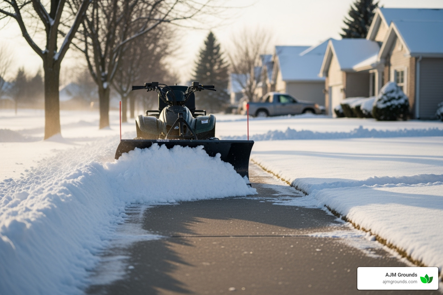 A small plow clearing a residential sidewalk, demonstrating the attention to detail for pedestrian areas. - snow plow service