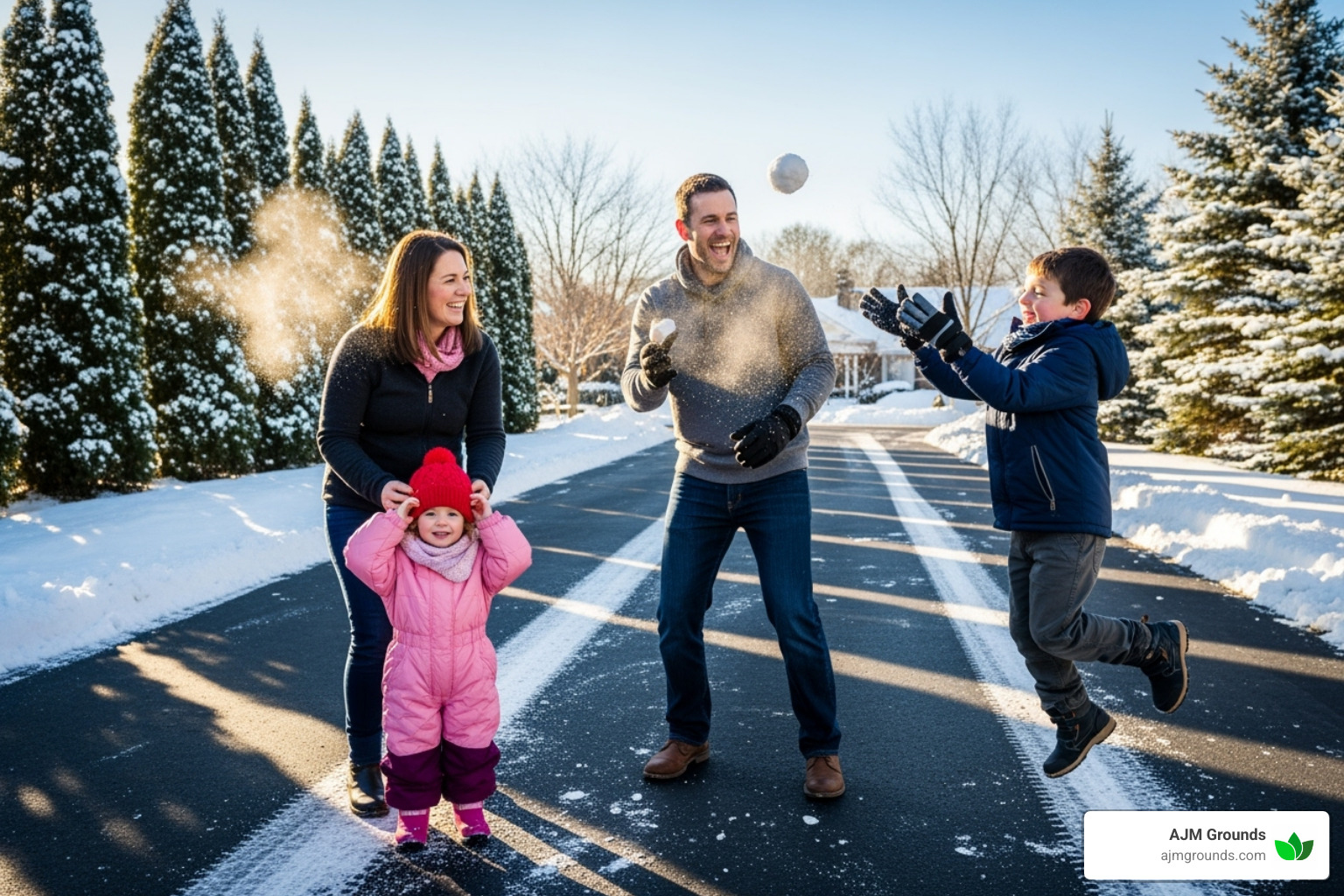 A happy family enjoying their winter day with a clear driveway in the background, showing the benefit of professional snow removal. - snow plow service