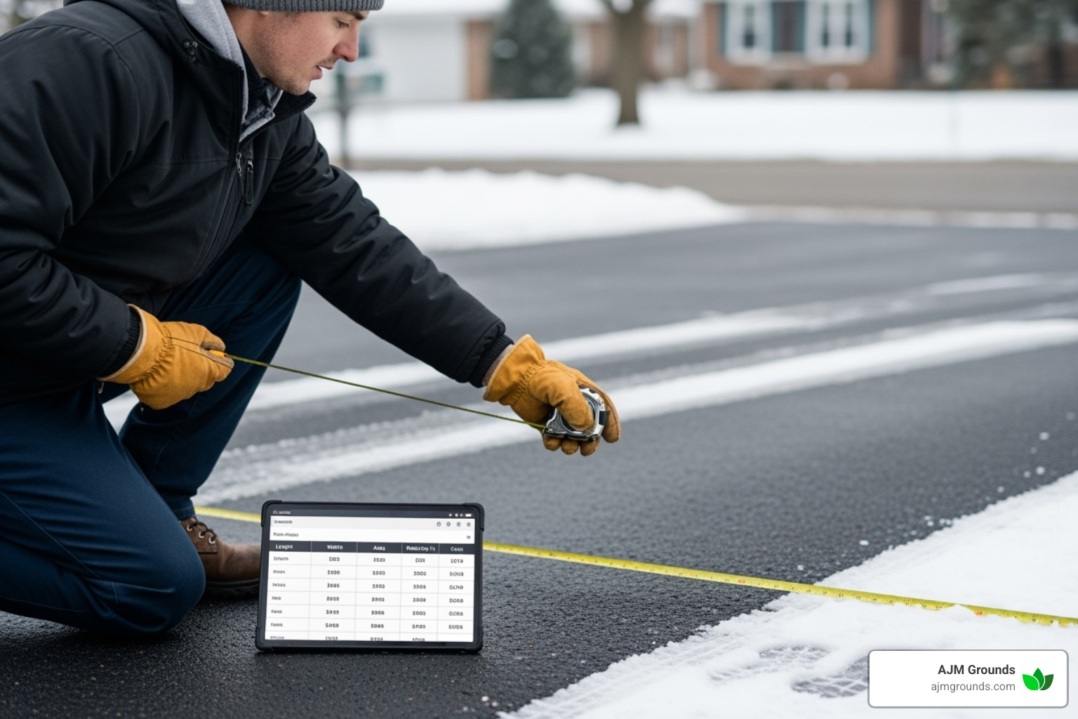 A person measuring a driveway for a snow removal quote, highlighting the detail in pricing calculation. - snow plow service