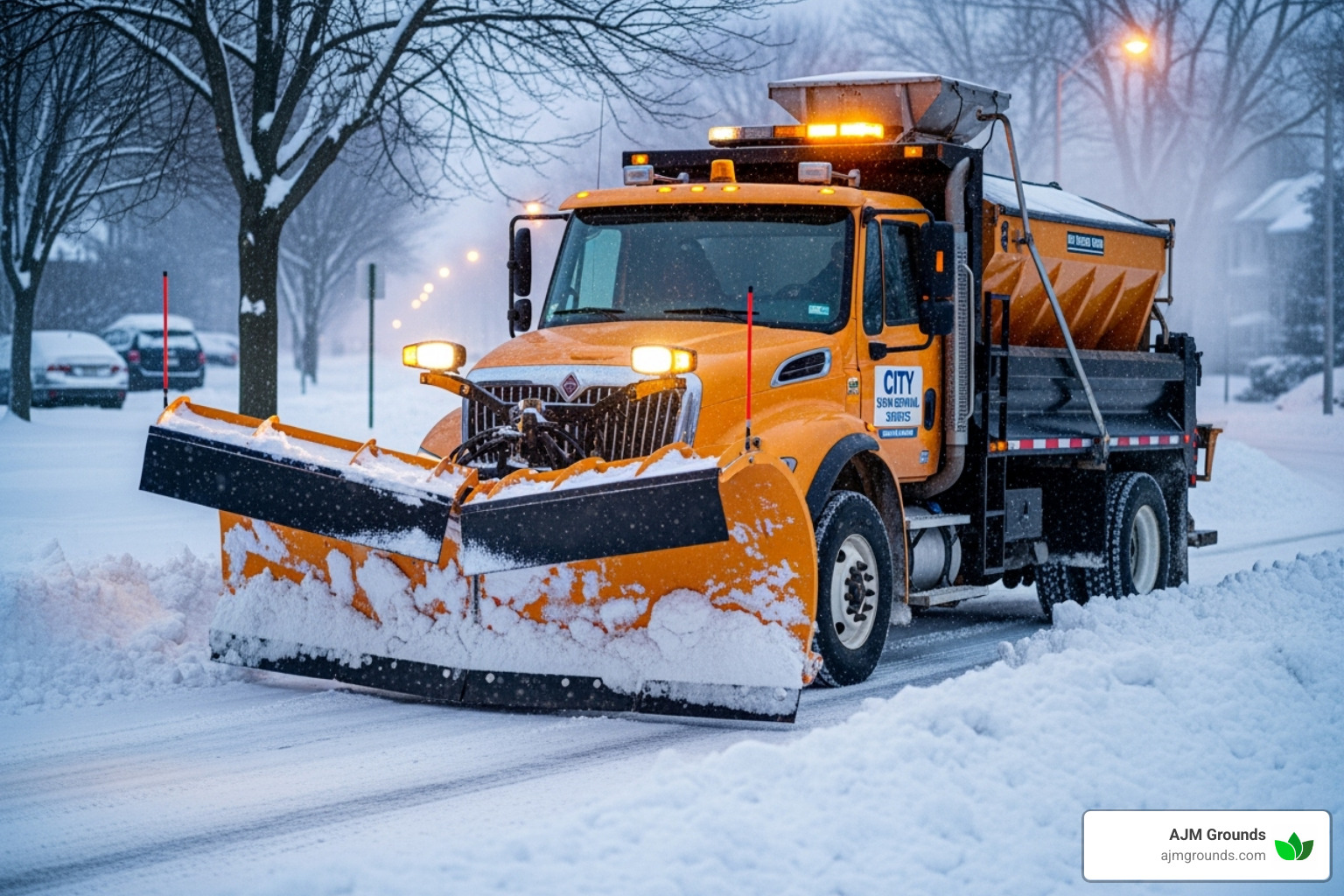 Professional-grade equipment, including a truck with a V-plow and a salt spreader, ready for snow removal. - snow plow service