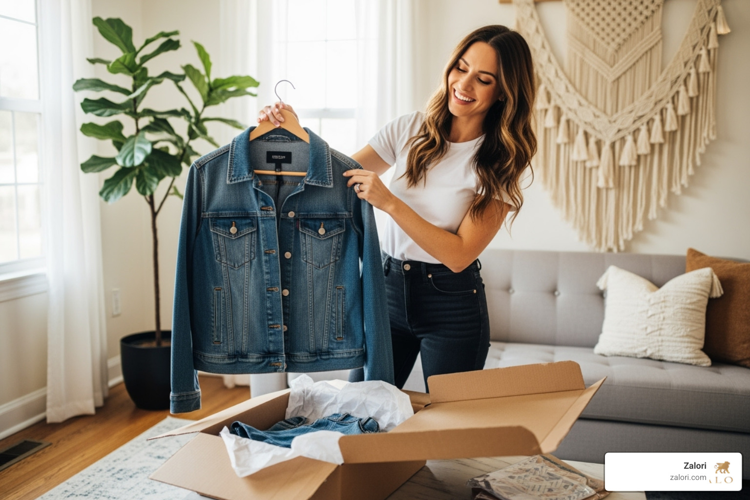 A person happily trying on clothes from a style box at home - Online personal shopper