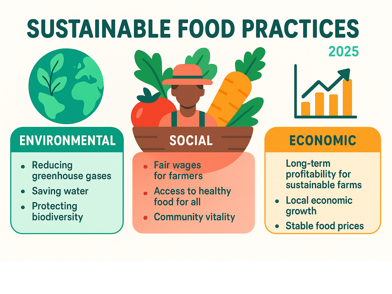 Infographic on the key pillars of sustainable food: Environmental (reducing greenhouse gases, saving water, protecting biodiversity), Social (fair wages for farmers, access to healthy food for all, community vitality), and Economic (long-term profitability for sustainable farms, local economic growth, stable food prices) - Sustainable food practices infographic 