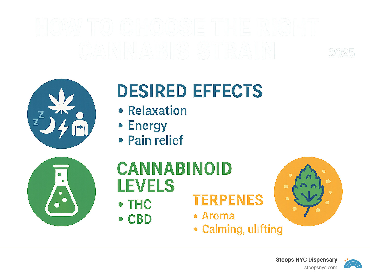 Infographic detailing key factors for choosing a cannabis strain, including desired effects (relaxation, energy, pain relief), cannabinoid levels (THC and CBD), and terpene profiles (aroma, flavor, and specific effects like calming or uplifting). - How to choose the right cannabis strain infographic 