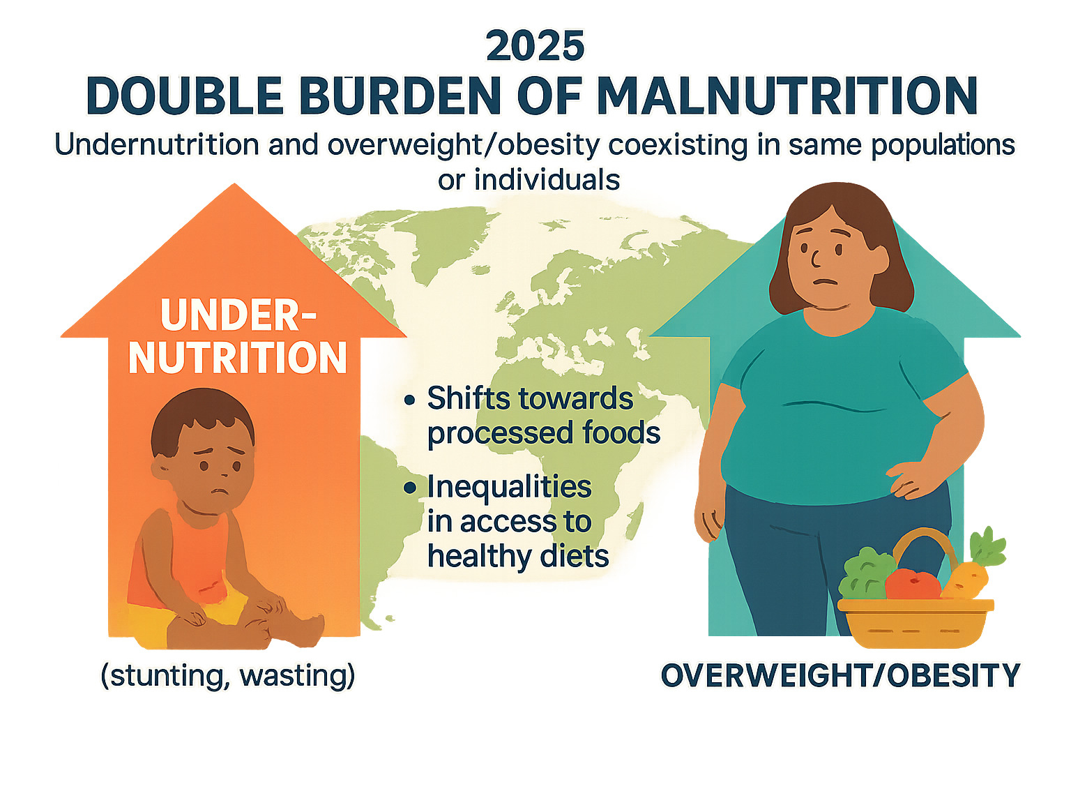 Infographic showing the "double burden" of malnutrition globally: Undernutrition (stunting, wasting) and Overweight/Obesity coexisting in the same populations or even individuals, often driven by shifts towards processed foods and inequalities in access to healthy diets. - Sustainable food practices infographic 