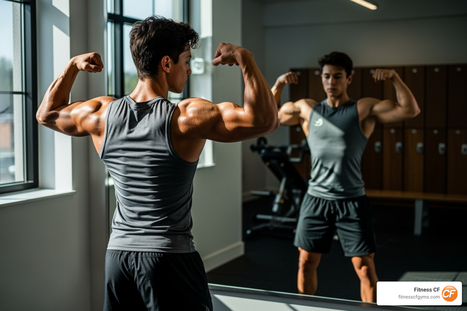 of a person flexing in the mirror, looking healthy and fit - nutrition tips for building muscle and losing fat of a person flexing in the mirror, looking healthy and fit - nutrition tips for building muscle and losing fat