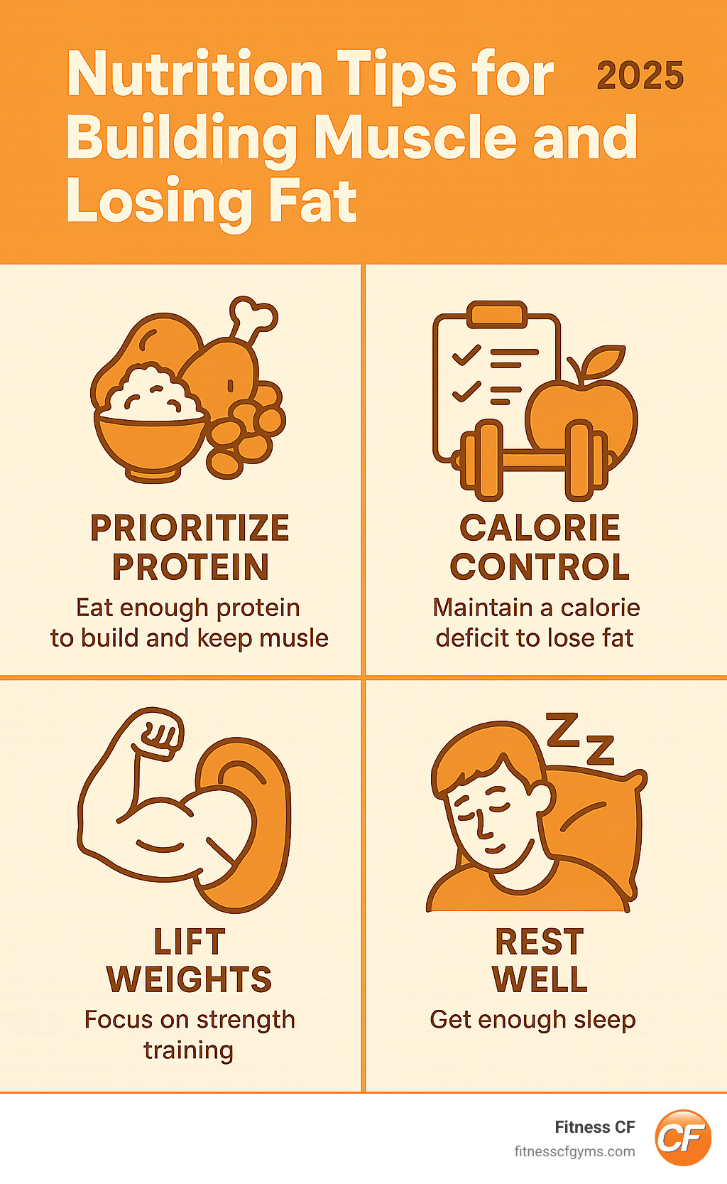 Infographic summarizing key nutrition and exercise tips for simultaneous muscle building and fat loss, including prioritizing protein, maintaining a calorie deficit, focusing on strength training, and getting enough sleep. - nutrition tips for building muscle and losing fat infographic  Infographic summarizing key nutrition and exercise tips for simultaneous muscle building and fat loss, including prioritizing protein, maintaining a calorie deficit, focusing on strength training, and getting enough sleep. - nutrition tips for building muscle and losing fat infographic