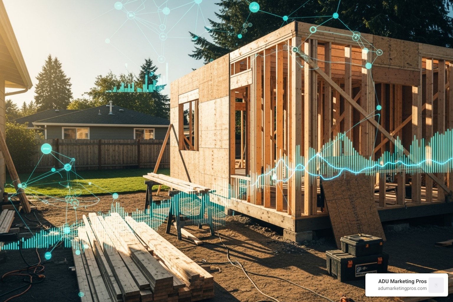 construction site for an ADU with cost-related graphic overlays - adu san diego