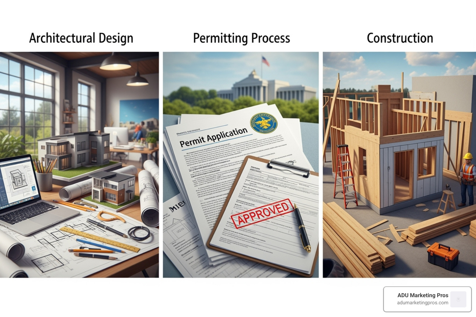 illustration of the three phases of an ADU project: design, permit, build - adu san diego
