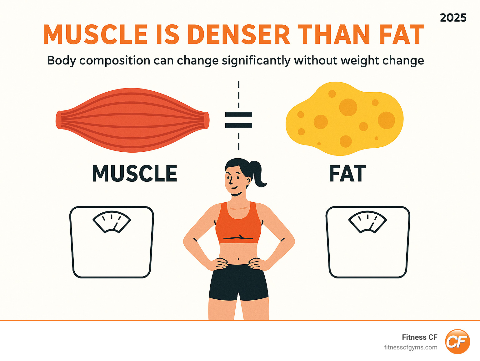 Infographic showing that muscle is denser than fat, meaning body composition can change significantly without weight change. - how to lose fat and gain muscle infographic  Infographic showing that muscle is denser than fat, meaning body composition can change significantly without weight change. - how to lose fat and gain muscle infographic