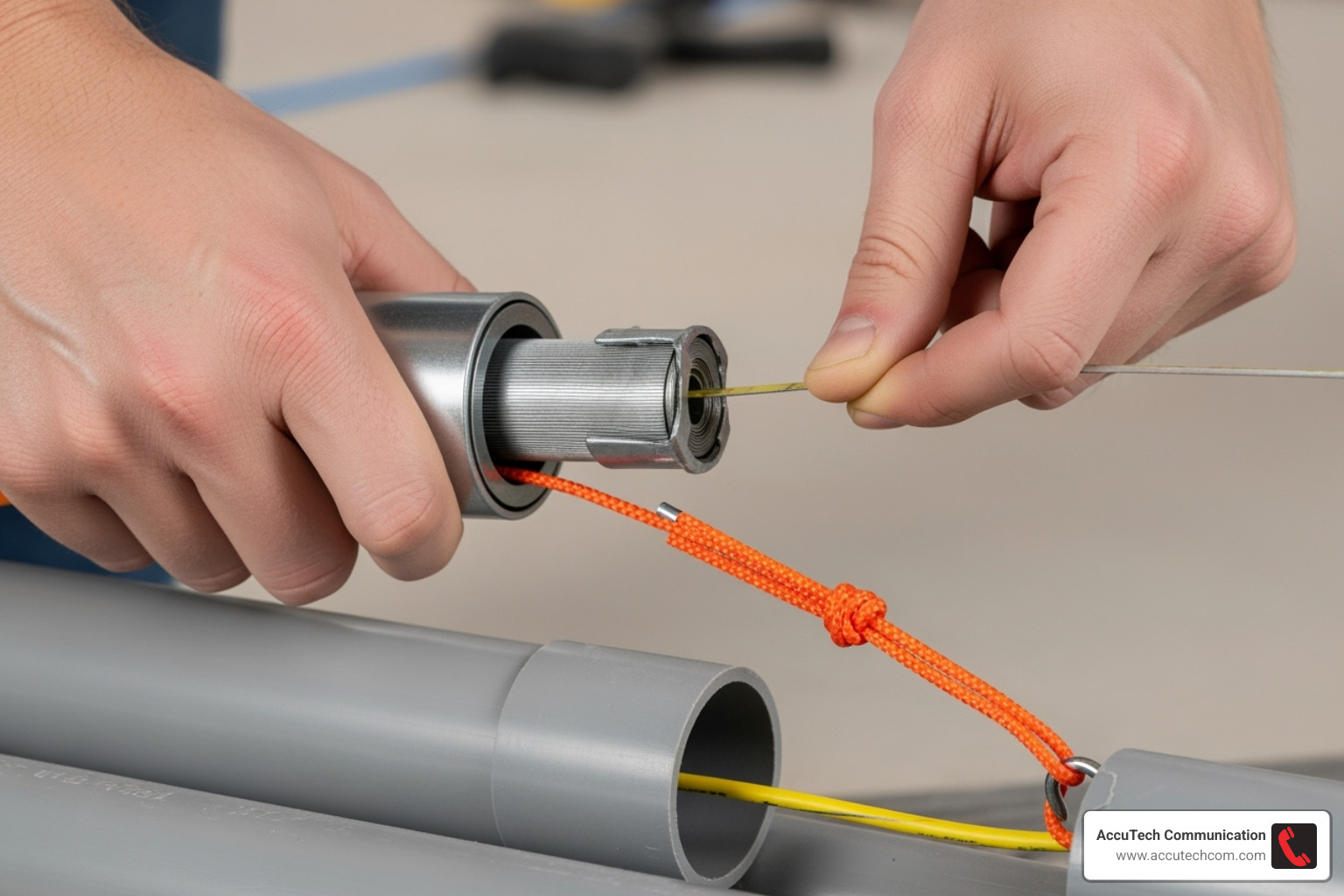 demonstrating using a fish tape with a pull string attached - network cable pvc conduit