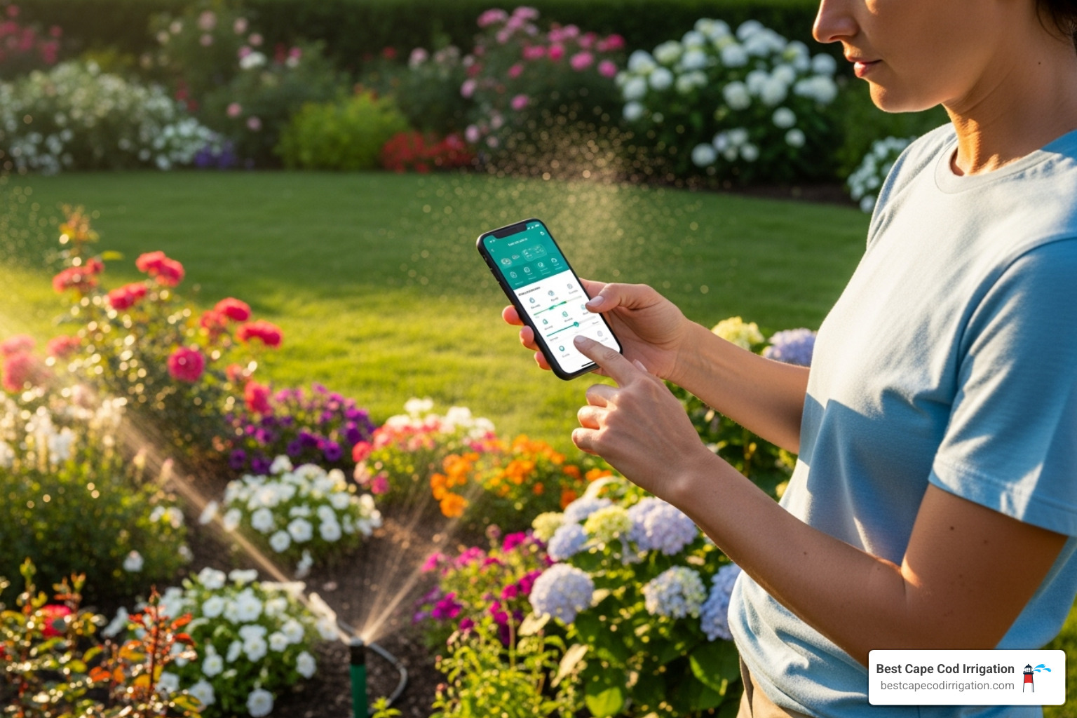 person adjusting a sprinkler system using a smartphone app - how are irrigation systems installed
