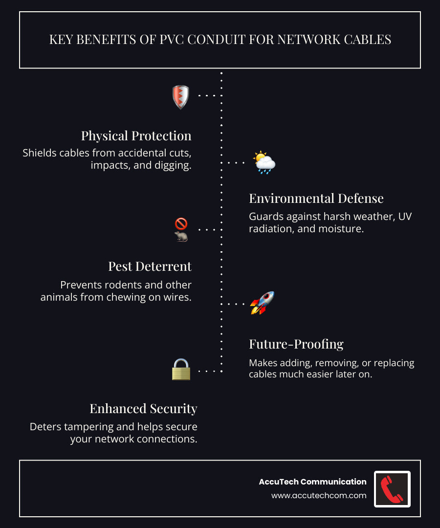 Infographic detailing the benefits of network cable PVC conduit, including physical protection against impacts and pests, environmental shielding from UV and moisture, and future-proofing for easy cable upgrades. - network cable pvc conduit infographic infographic-line-5-steps-dark