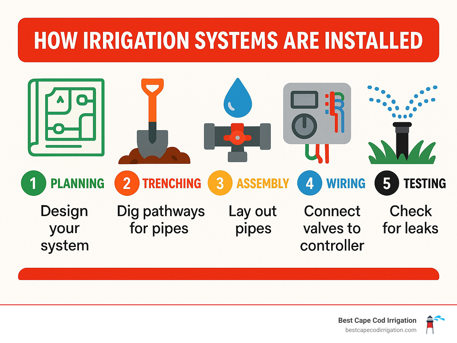 Infographic explaining the 5 main stages of irrigation installation: Planning, Trenching, Assembly, Wiring, and Testing. - how are irrigation systems installed infographic 