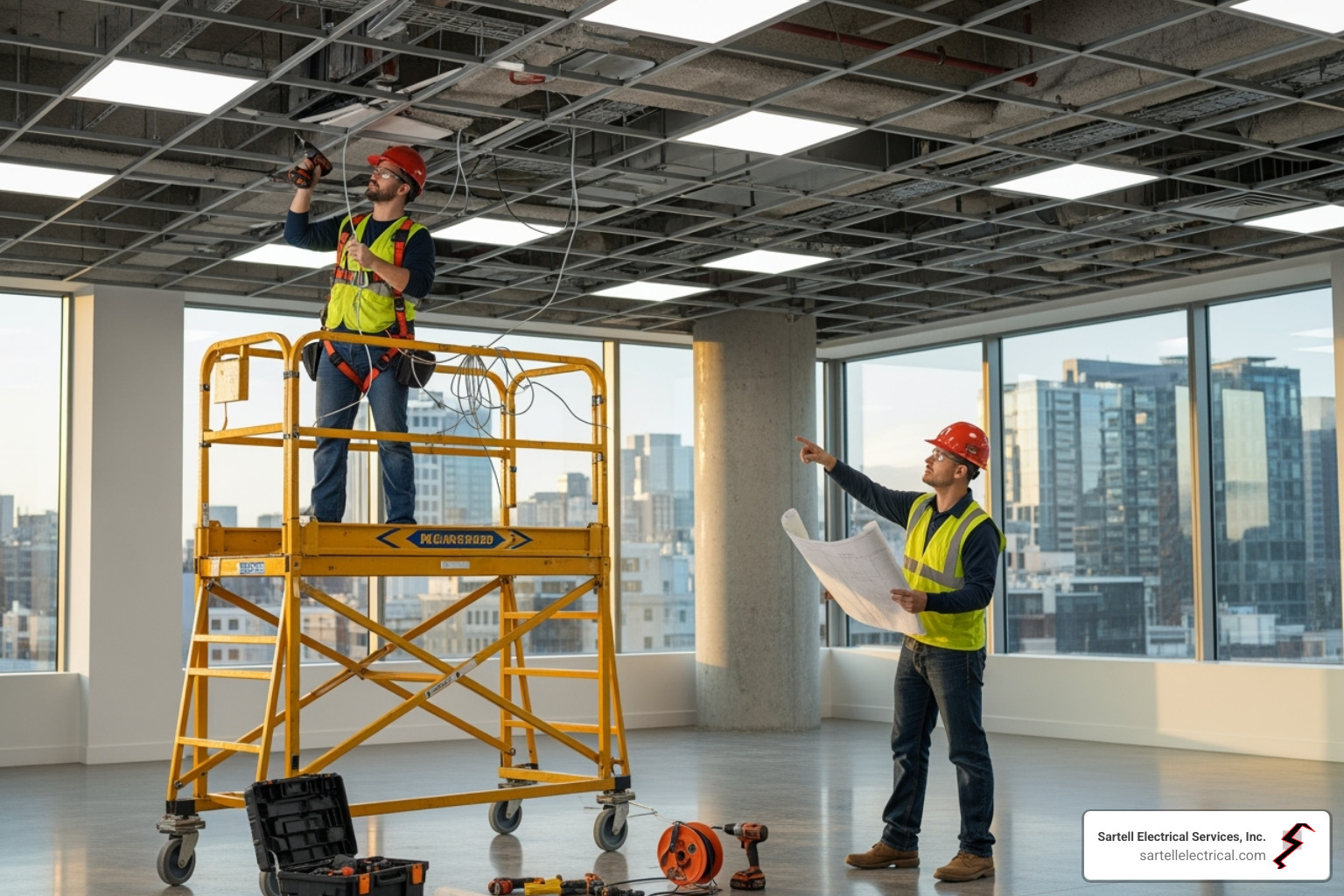 electricians installing a commercial lighting system in a modern office - Commercial Electrical Services electricians installing a commercial lighting system in a modern office - Commercial Electrical Services