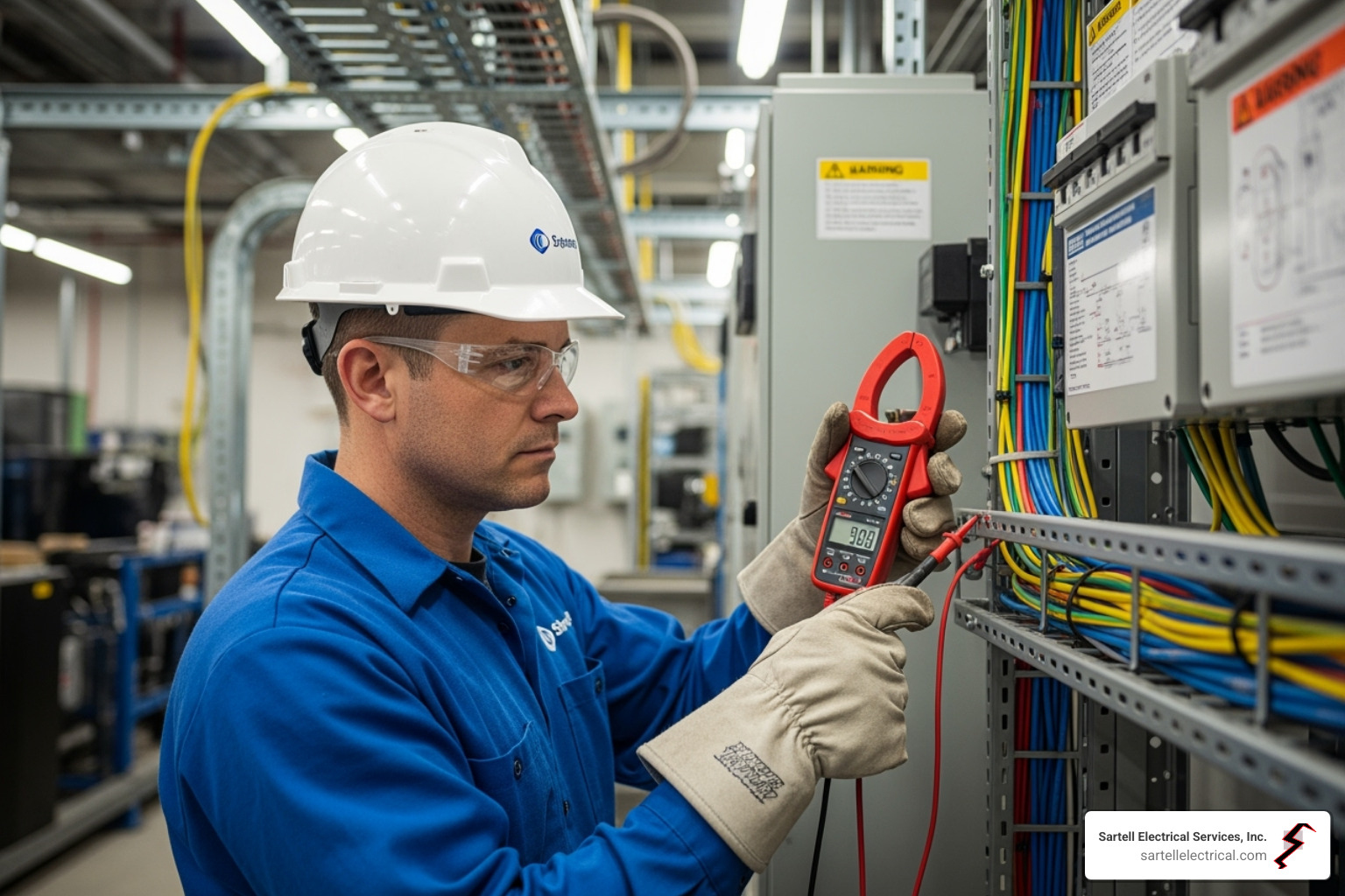 electrician wearing proper PPE and using testing equipment - Commercial Electrical Services electrician wearing proper PPE and using testing equipment - Commercial Electrical Services