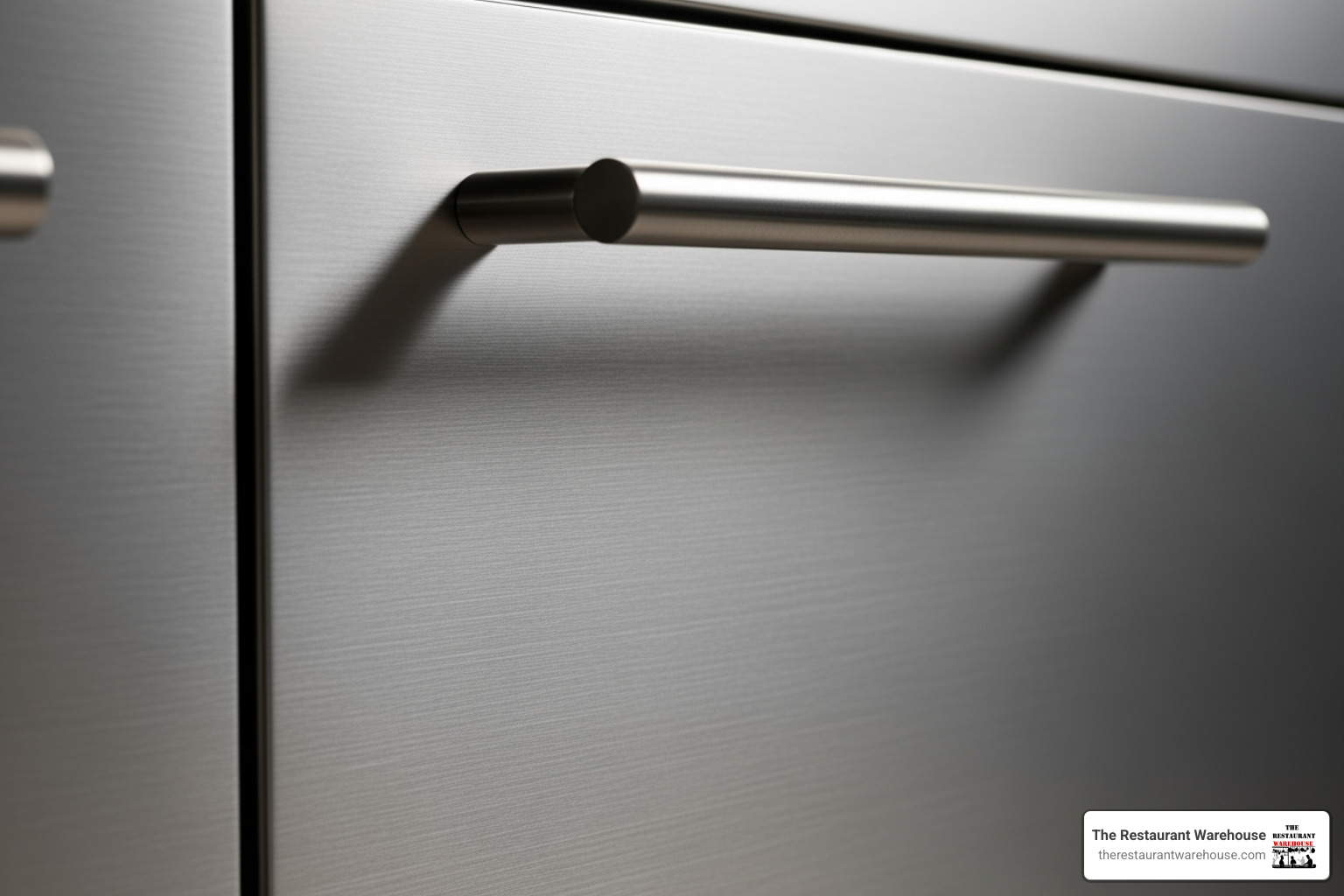 close-up on a stainless steel cabinet door and handle - food truck storage cabinets