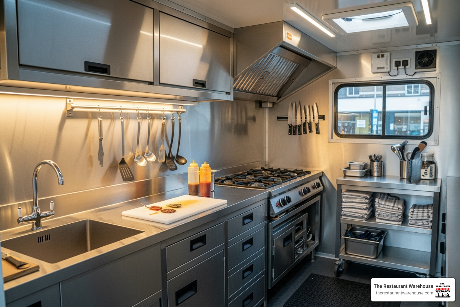 showing different types of cabinets installed in a food truck (wall-mounted, base, and a mobile cart) - food truck storage cabinets