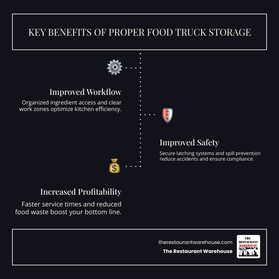 Infographic showing the three key benefits of proper food truck storage: improved workflow through organized ingredient access and clear work zones, improved safety through secure latching systems and spill prevention during transport, and increased profitability through faster service times and reduced food waste - food truck storage cabinets infographic infographic-line-3-steps-dark