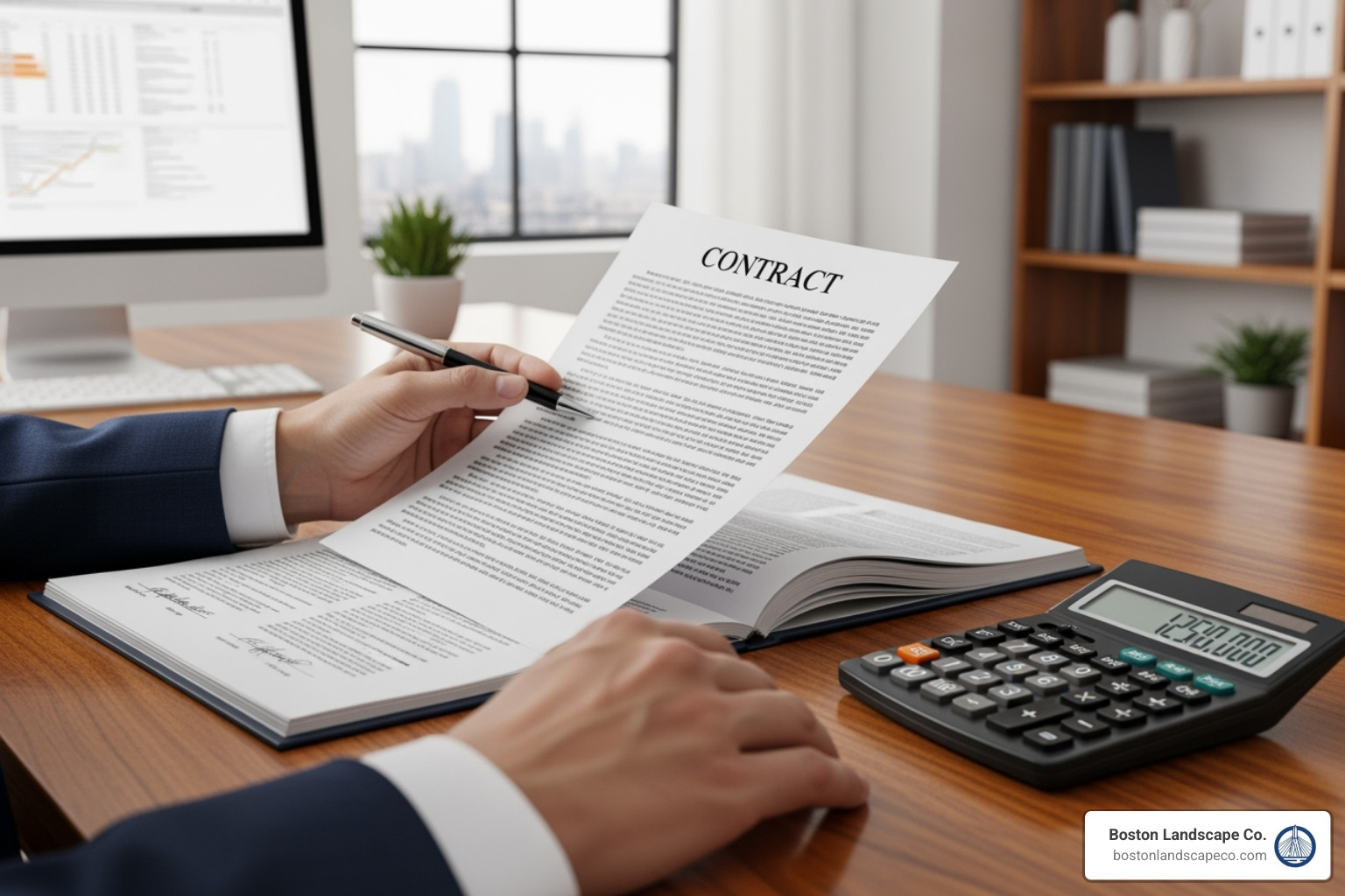 Image of a person reviewing a snow removal contract with a calculator nearby. - commercial snow management service