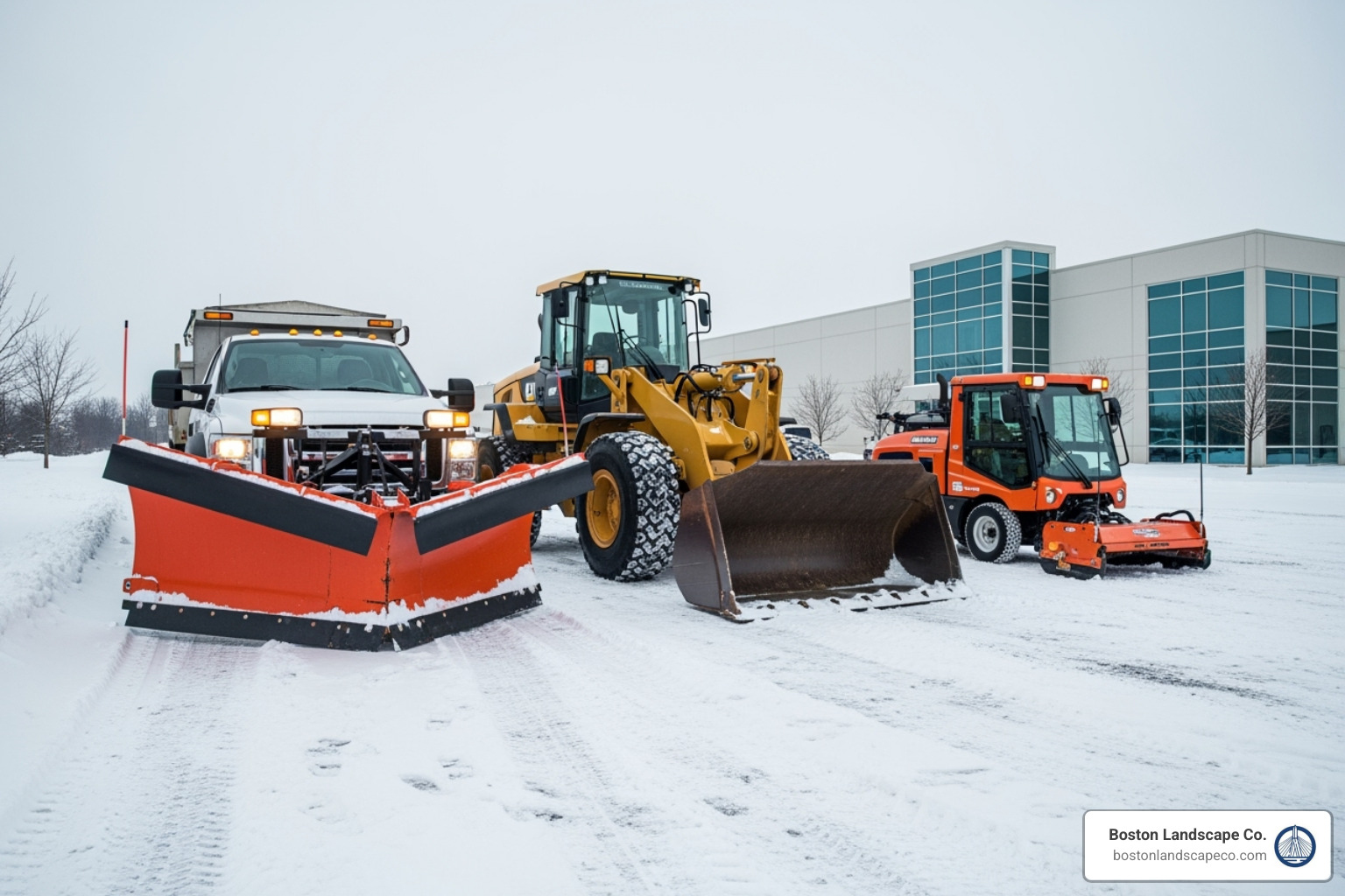 Image of various types of commercial snow removal equipment lined up, including a plow truck, a front-loader, and a sidewalk machine. - commercial snow management service