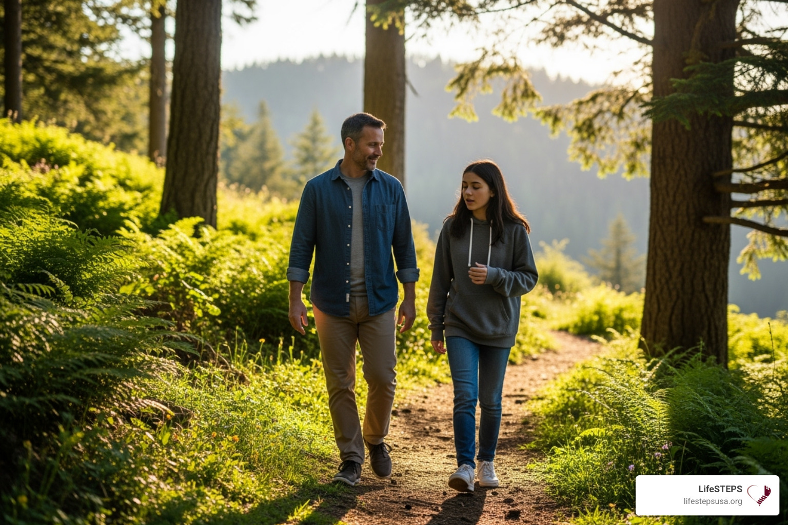 Therapist talking with a teen during a walk outdoors - educational programs for troubled youth