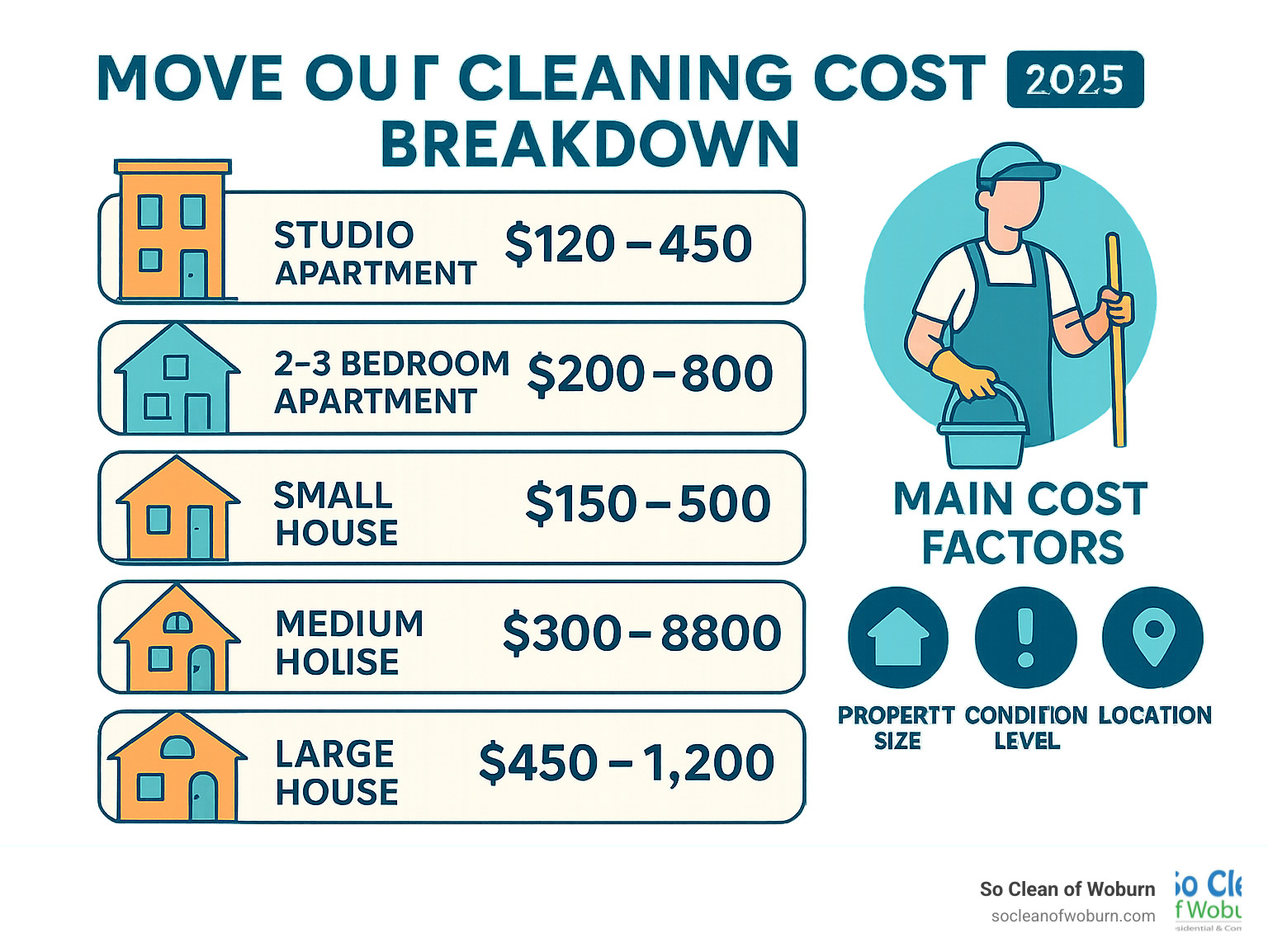 Infographic showing move out cleaning cost breakdown: Studio apartments $120-$600, 2-3 bedroom apartments $240-$900, small houses $180-$700, medium houses $300-$1,200, large houses $500-$1,600, with three main cost factors - property size, condition level, and location - move out cleaning rates infographic Infographic showing move out cleaning cost breakdown: Studio apartments $120-$600, 2-3 bedroom apartments $240-$900, small houses $180-$700, medium houses $300-$1,200, large houses $500-$1,600, with three main cost factors - property size, condition level, and location - move out cleaning rates infographic