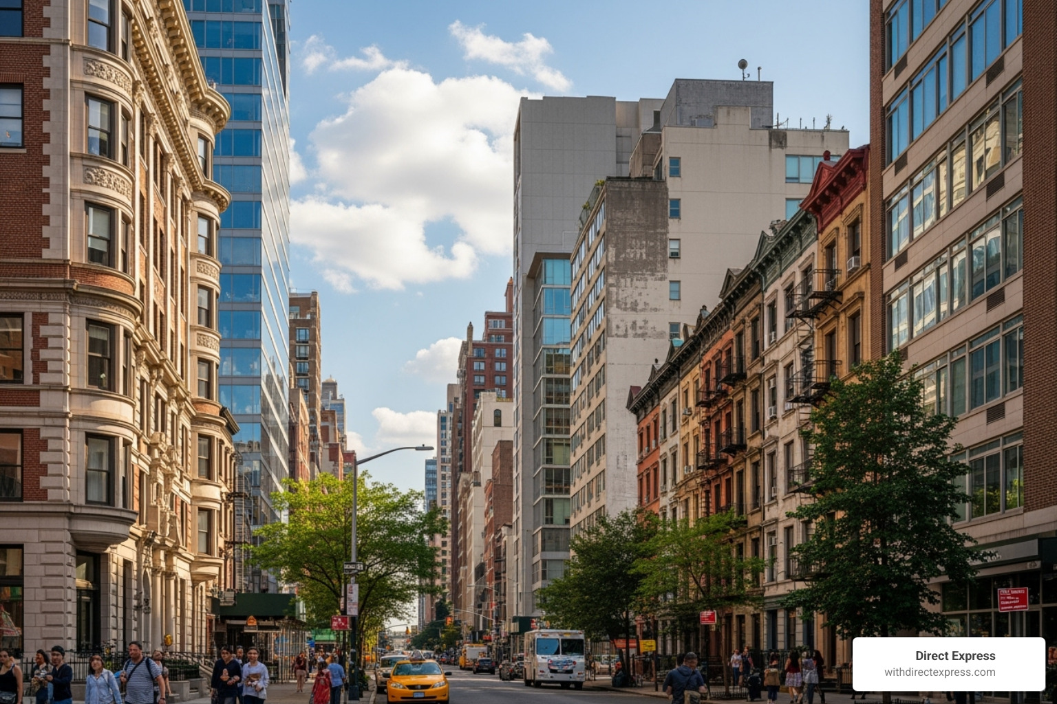 a diverse street with different types of apartment buildings - apartment buildings for sale near me