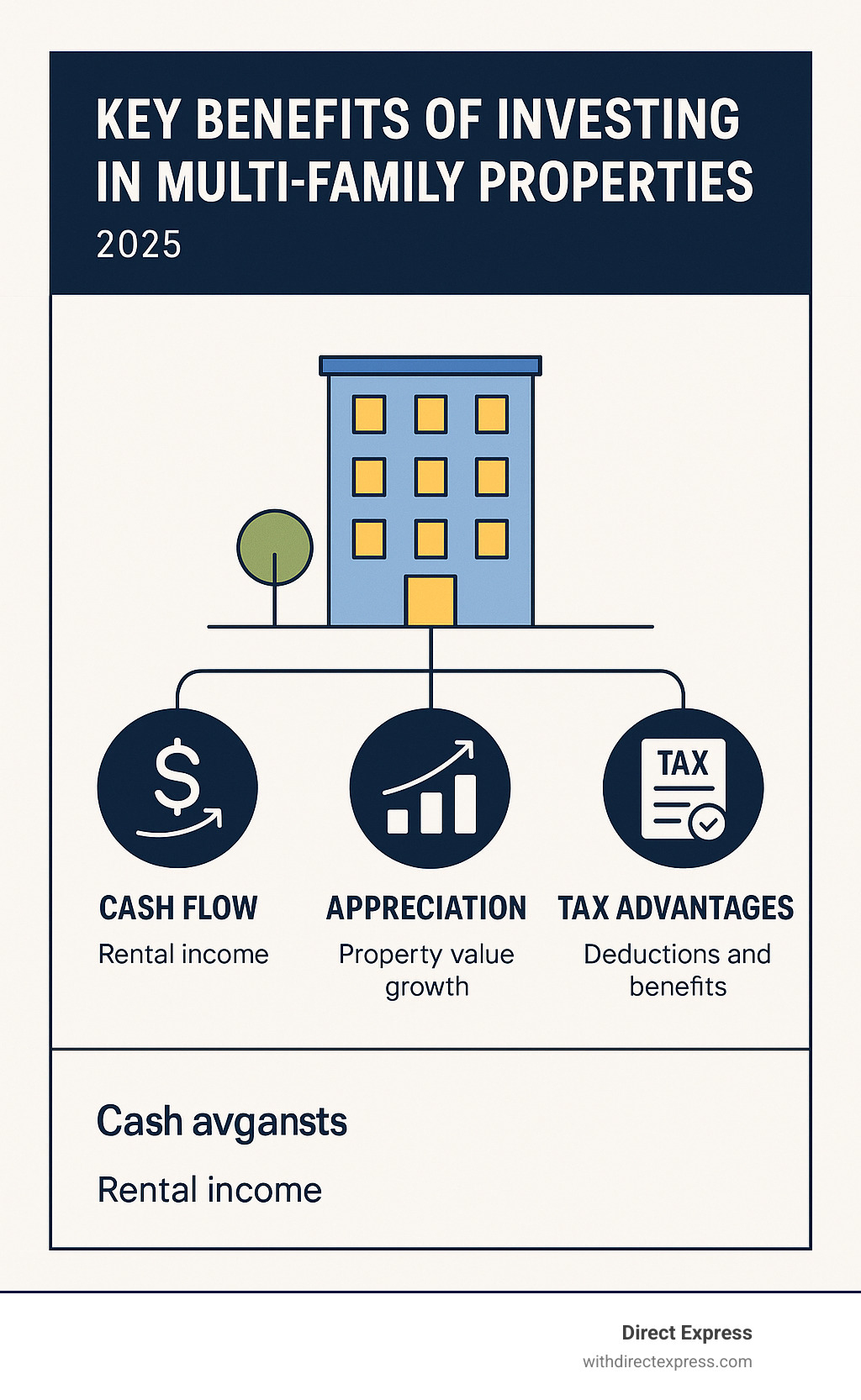 key benefits of investing in multi-family properties like cash flow, appreciation, and tax advantages - apartment buildings for sale near me infographic 