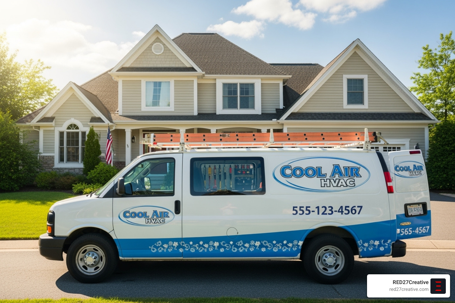 A branded HVAC service van with clear contact information - air conditioning marketing strategy A branded HVAC service van with clear contact information - air conditioning marketing strategy