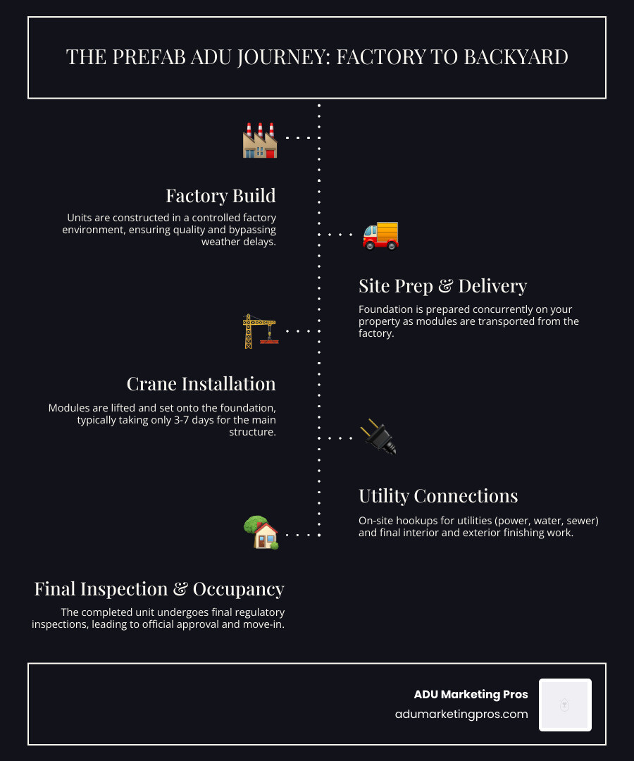 Comprehensive infographic showing the prefab granny flat process from factory construction through site delivery, crane installation, utility connections, and final inspection, with timeline markers and cost breakdowns for each phase - prefab granny flat california infographic infographic-line-5-steps-dark
