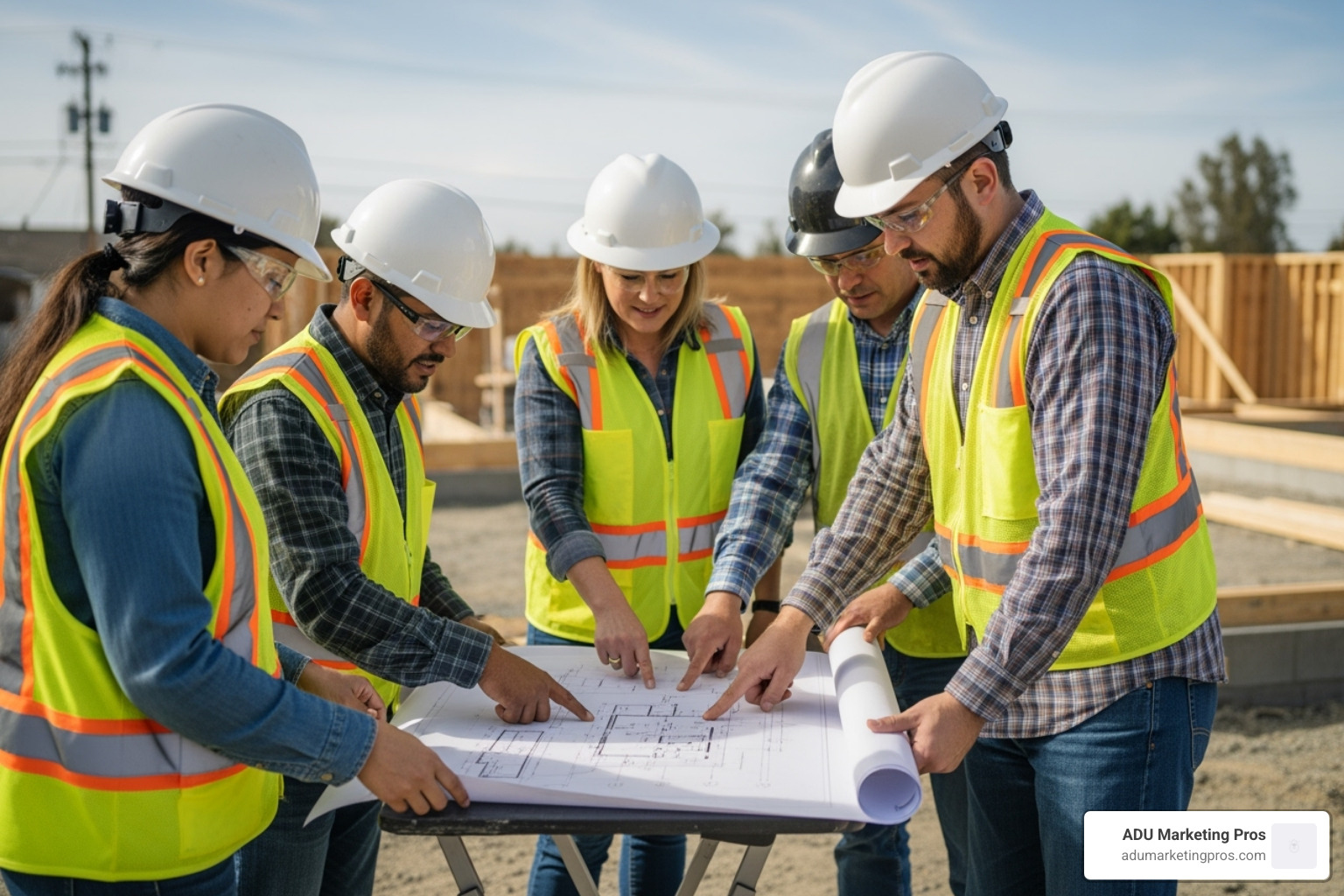 construction team reviewing ADU plans on-site - prefab granny flat california