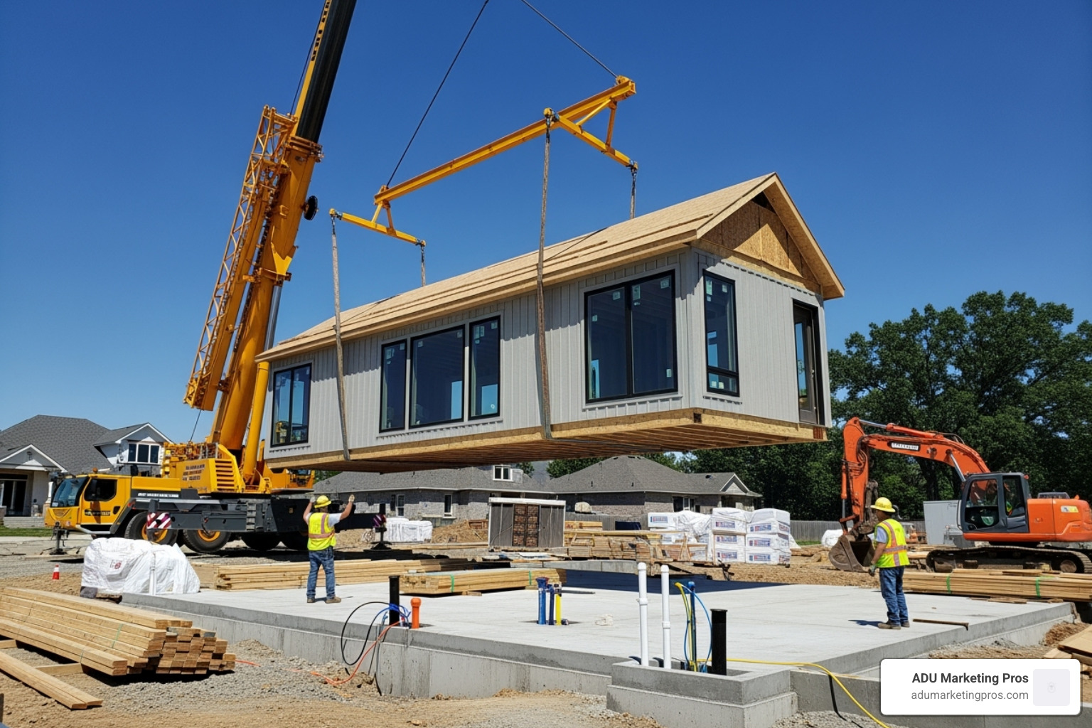 prefab module being craned into place - prefab granny flat california