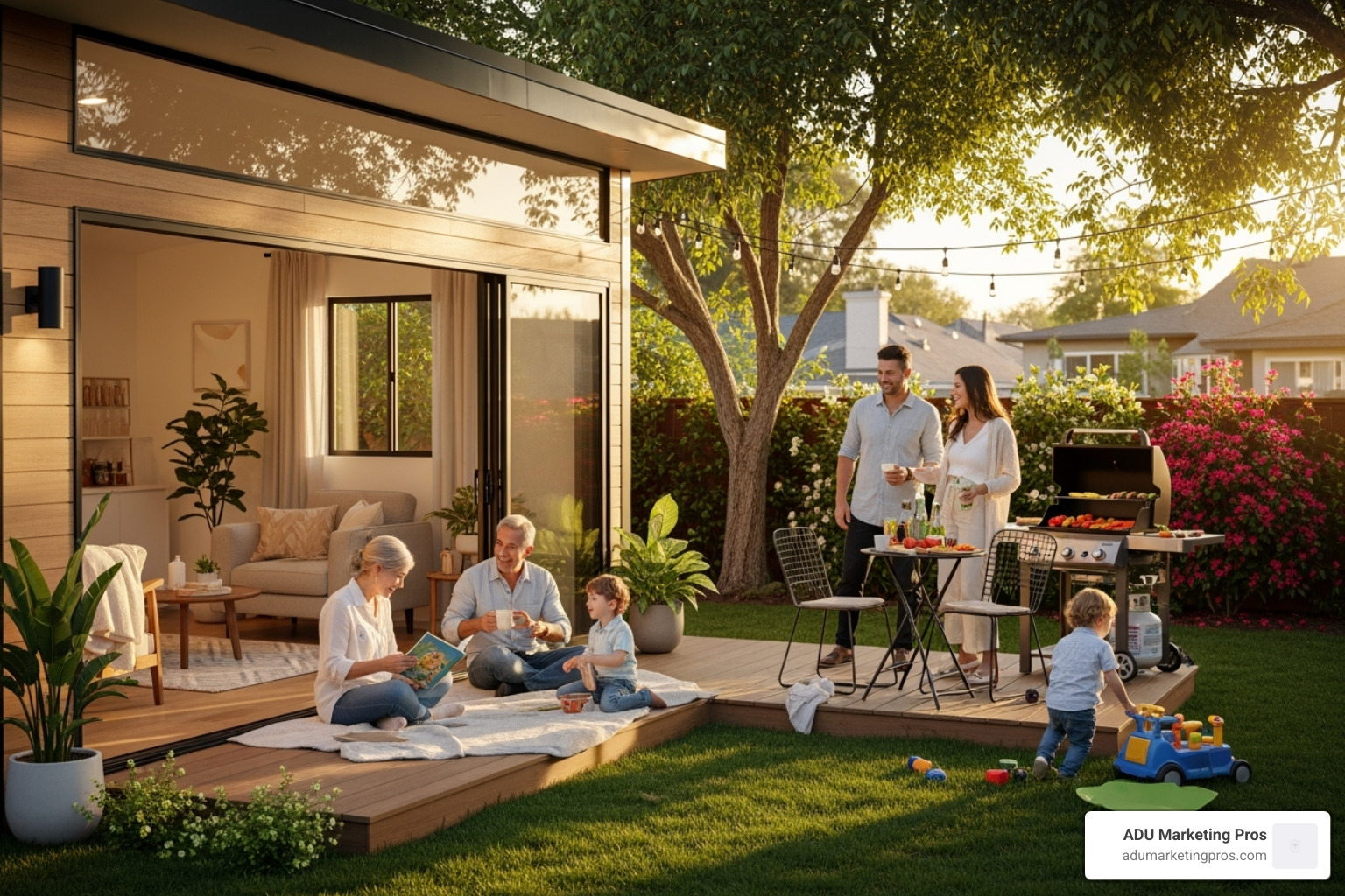 family enjoying their new prefab granny flat - prefab granny flat california
