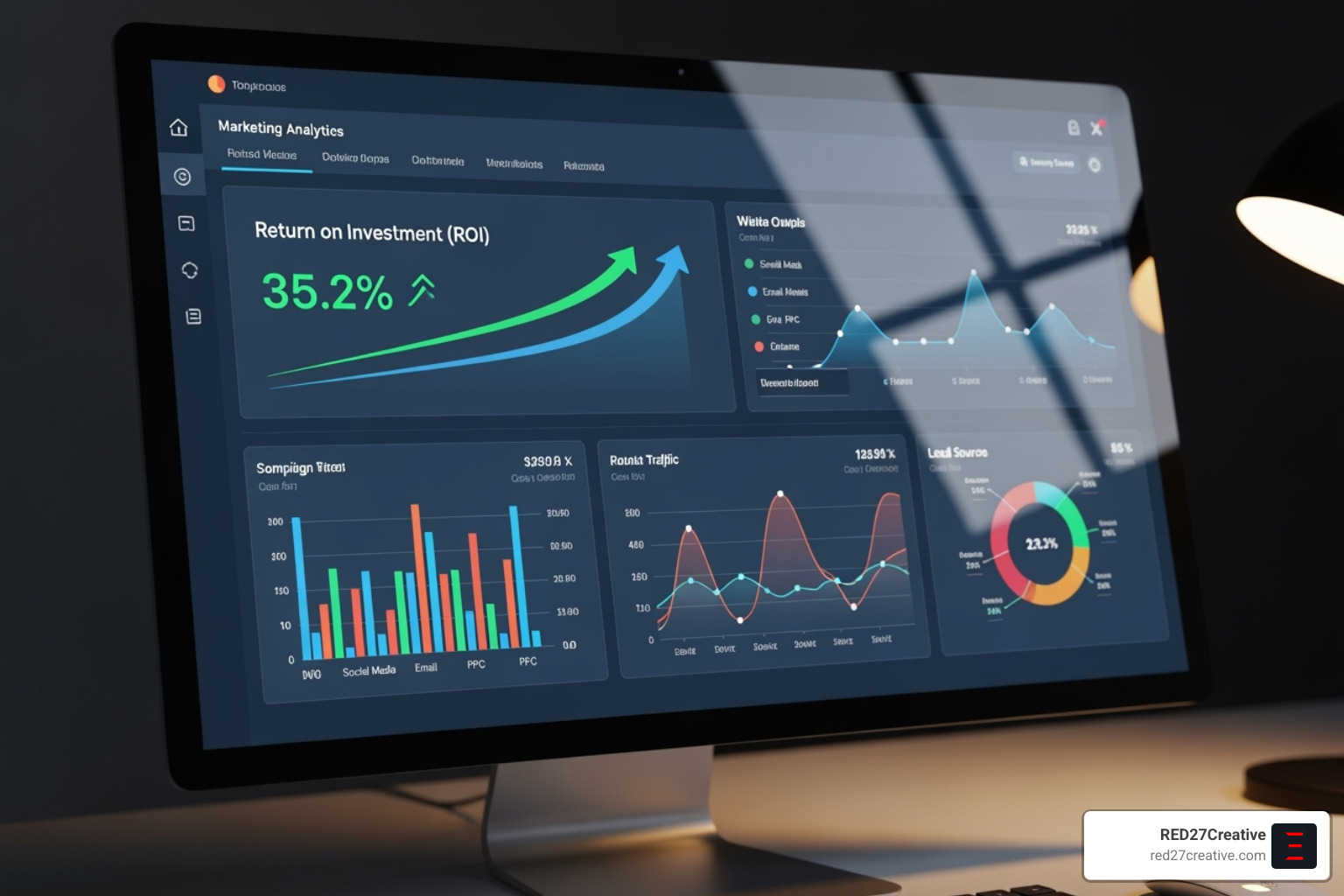 A marketing analytics dashboard showing ROI and key metrics - air conditioning marketing strategy A marketing analytics dashboard showing ROI and key metrics - air conditioning marketing strategy