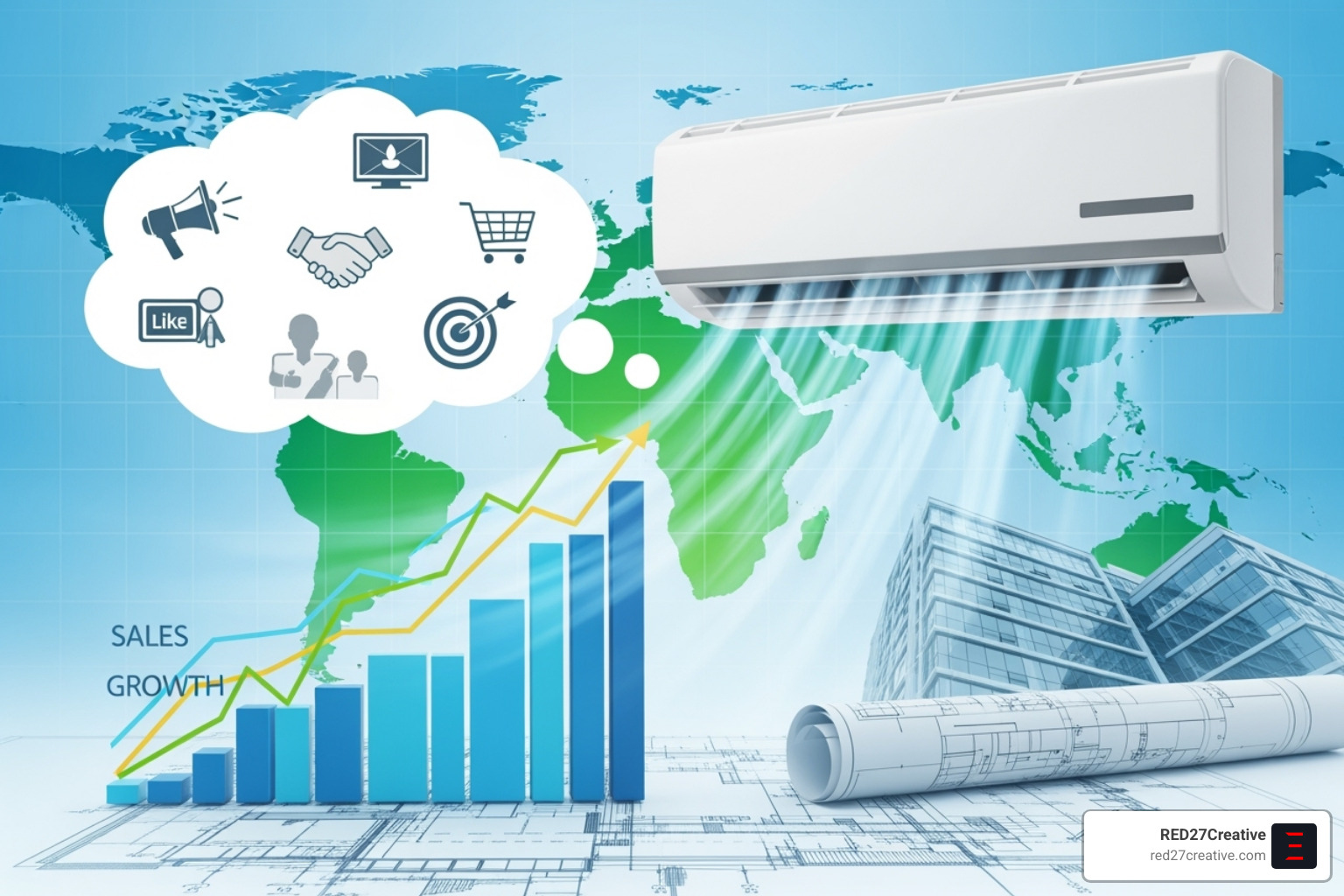 A responsive HVAC website shown on a laptop, tablet, and smartphone - air conditioning marketing strategy A responsive HVAC website shown on a laptop, tablet, and smartphone - air conditioning marketing strategy