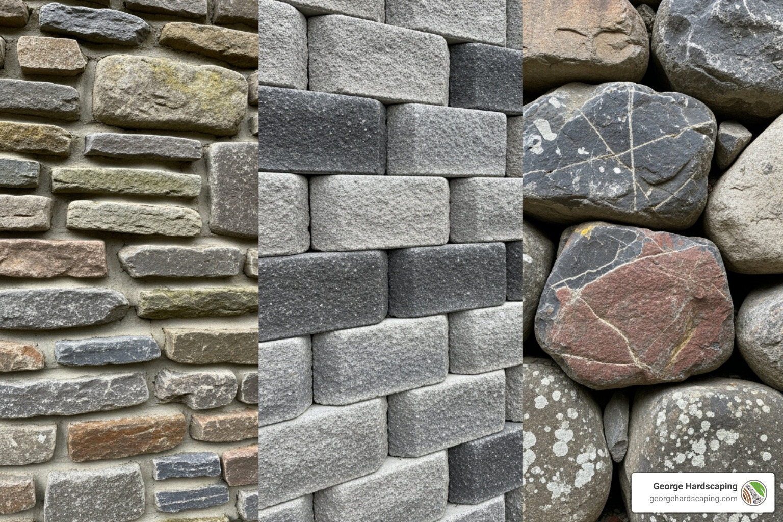 Collage showing natural stone, interlocking concrete blocks, and large boulders used for retaining walls.